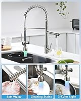 Vista 4 de Fapully - Grifo de fregadero de cocina comercial con mango único extraíble con rociador, níquel cepillado, con luz LED