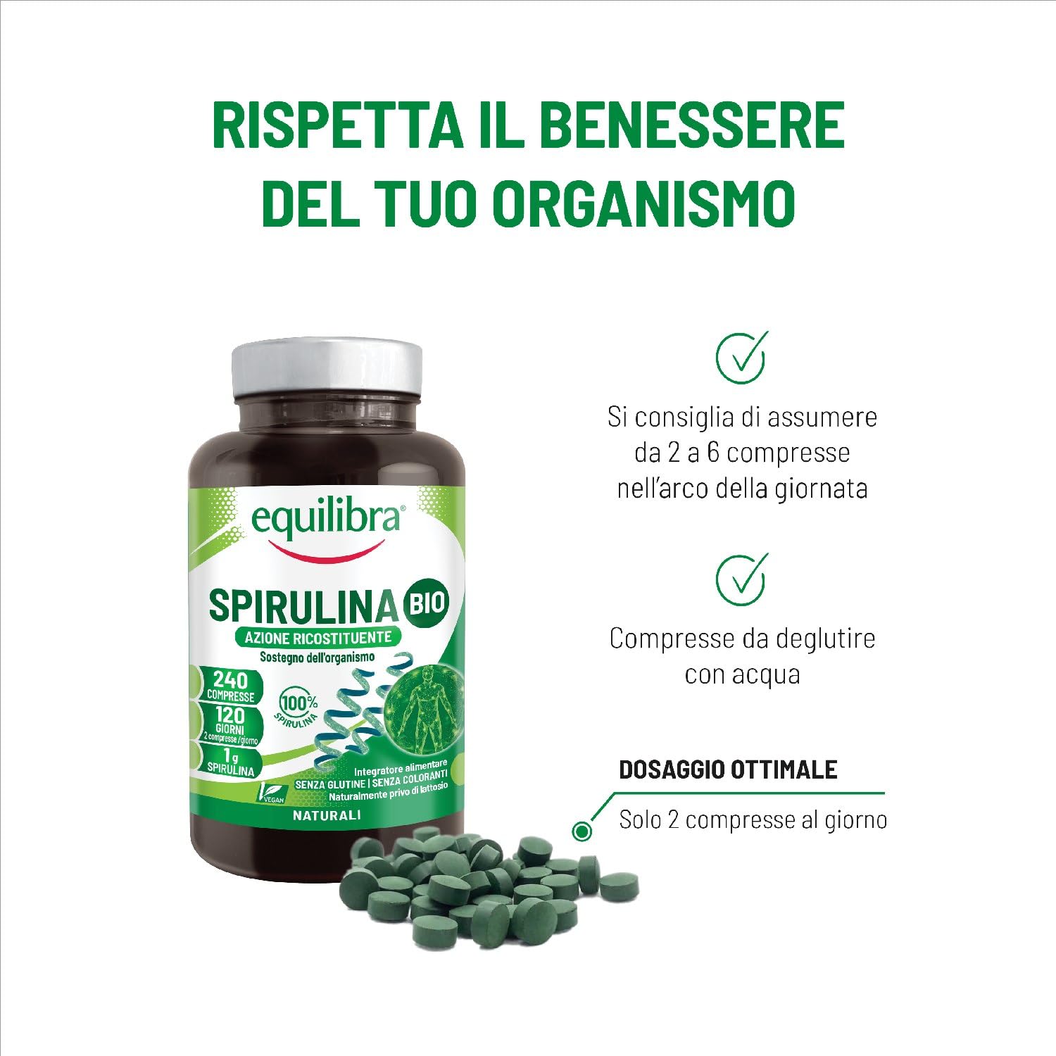 Equilibra Integratori Alimentari, Spirulina Bio, Integratore in Compresse con Spirulina da agricoltura biologica, Azione Ricostituente e di Sostegno, 1g di Spirulina Bio per Dose, Vegan, 240 Compresse