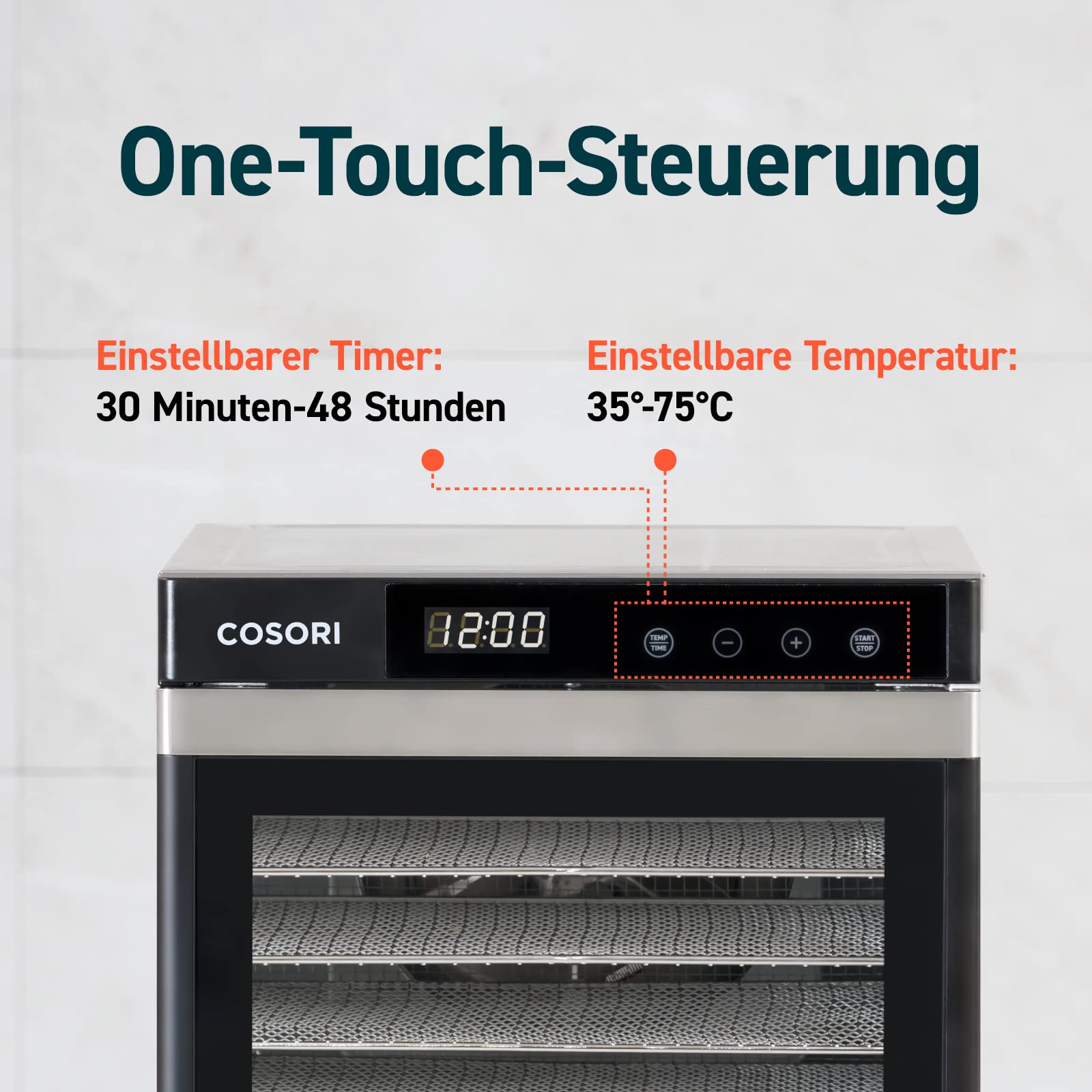 COSORI Dörrautomat edelstahl, Food Dehydrator mit 50 Rezepte, inkl. 6 Edelstahl-Dörrtabletts, 3 Dörrgitter, 3 Dörrmatte, große Fläche 0,6 m², 48 Std. Zeitschaltuhr, LED-Display (35°-75°C) und 650W