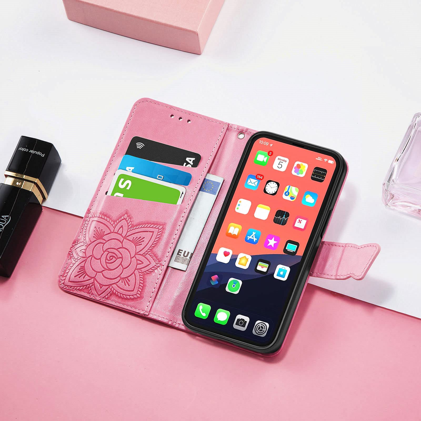 Etui na iPhone 14/14 Pro/14 Plus/14 Pro Max, autentyczna skórzana okładka portfelowa z wewnętrzną otoczką TPU, przegródka na karty, smukły pasek ochronny do flipowania, różowy, 14 Plus 6,7''