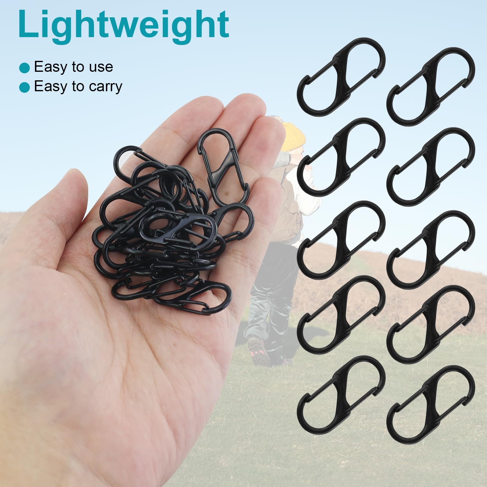 11 Moschettoni A S Neri - 30mm, Lega Di Zinco, Per Escursionismo, Campeggio E Attività Outdoor