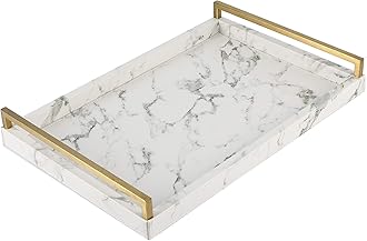 WV 17.8 * 11.8" White PU Leather Marble Finish Decorative Tray Serving Tray with Brushed Gold Handle for Coffee Table, Console Table, Ottoman