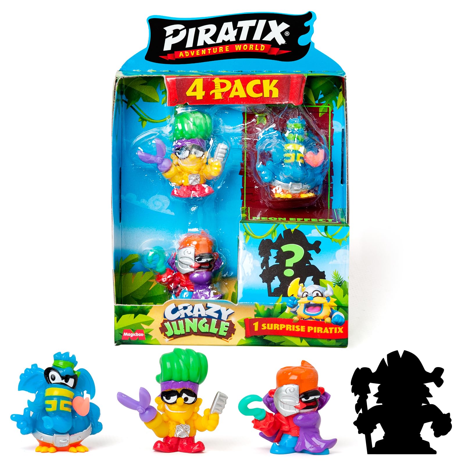 PIRATIX, ADVENTURE WORLD Crazy Jungle Series – 4 pack Includes 4 Piratix: 1 'Neon effect', 1 surprise, and 4 ‘neon’ accessories, Pack 1 out of 6