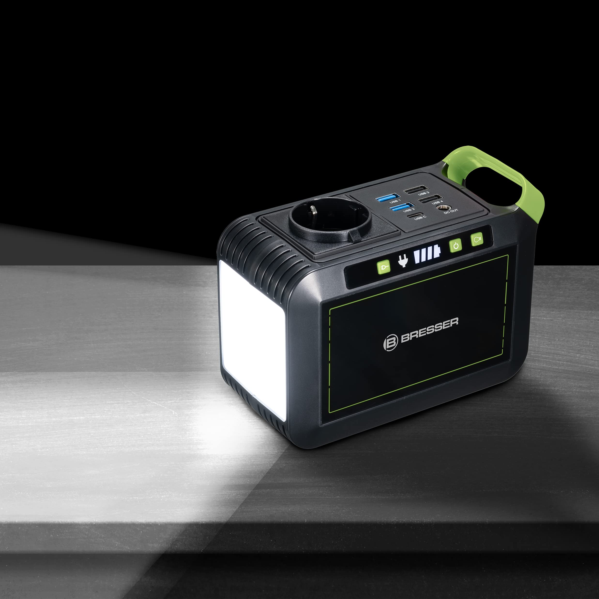 Bresser Mobile Power Station 88,8 Wh, 6 Ah / 14,8 V con batteria agli ioni di litio di alta qualità, porte USB, CA e DC e grande lampada a LED | 5 uscite USB con USB C e QC 3.0, porte AC e DC, ricarica solare opzionale, luce LED con 3 livelli e modalità S