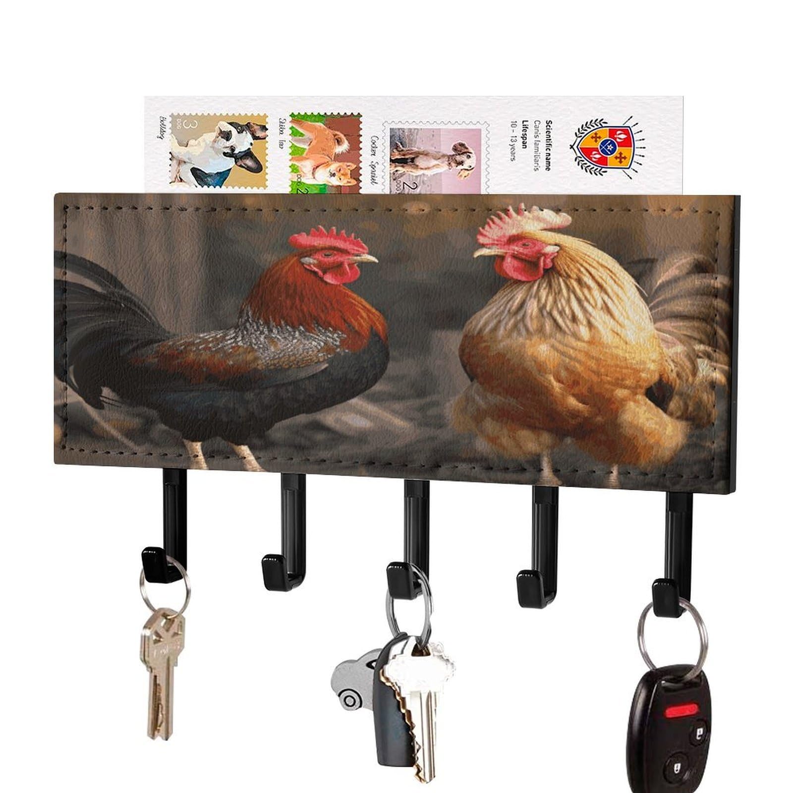 Fekiloot Black-Style Rooster And Chicken Key Holder Wall Mount Decorative Key And Mail Holder Pu Key Rack With 5 Hooks Key Hanger Organizer Decorative Home Decor For Wall For Entryway Office Living Room