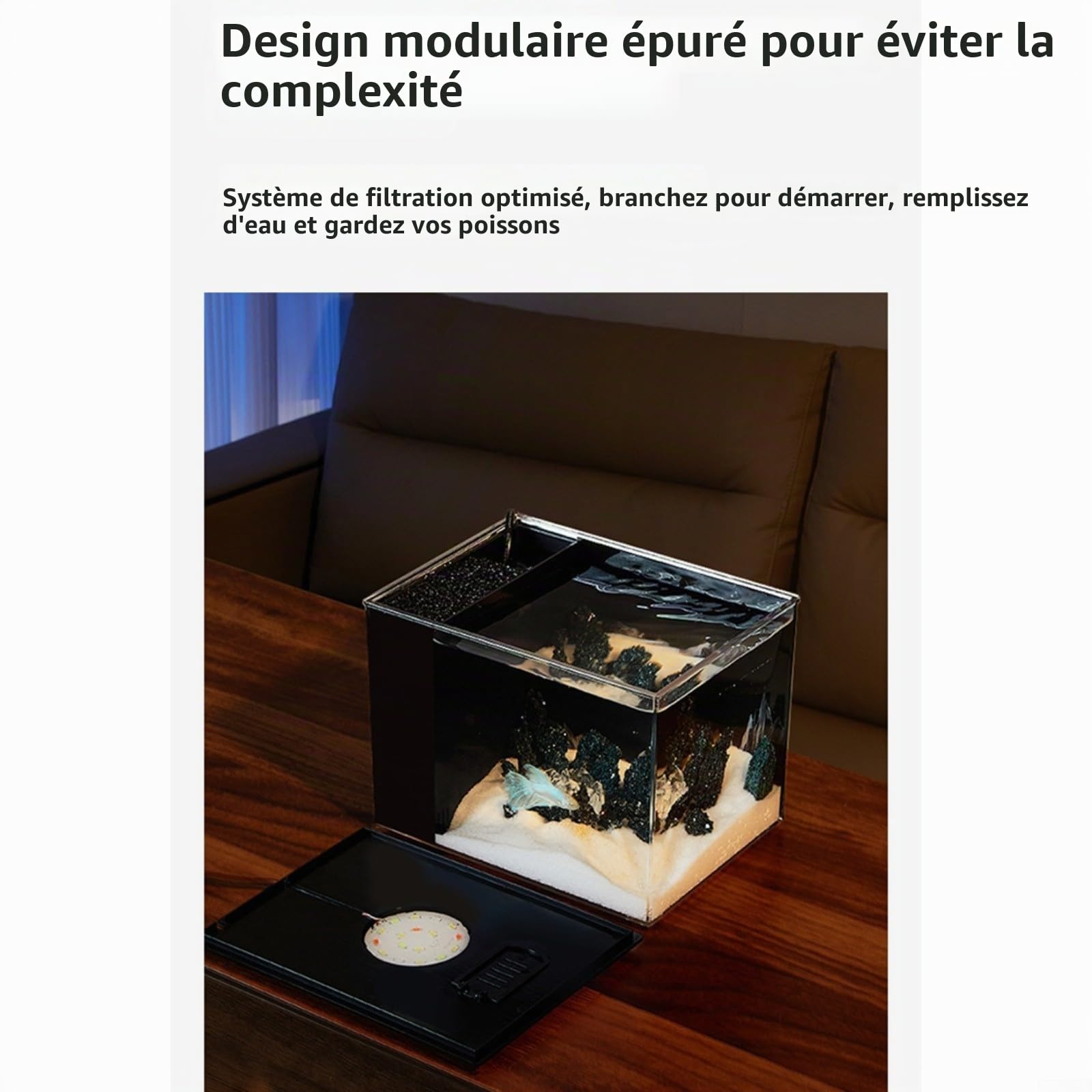 Aquarium de table avec filtre latéral, filtration améliorant l'oxygène, pompe de débit 160 l/h, luminosité réglable à 10 niveaux et éclairage LED (S)