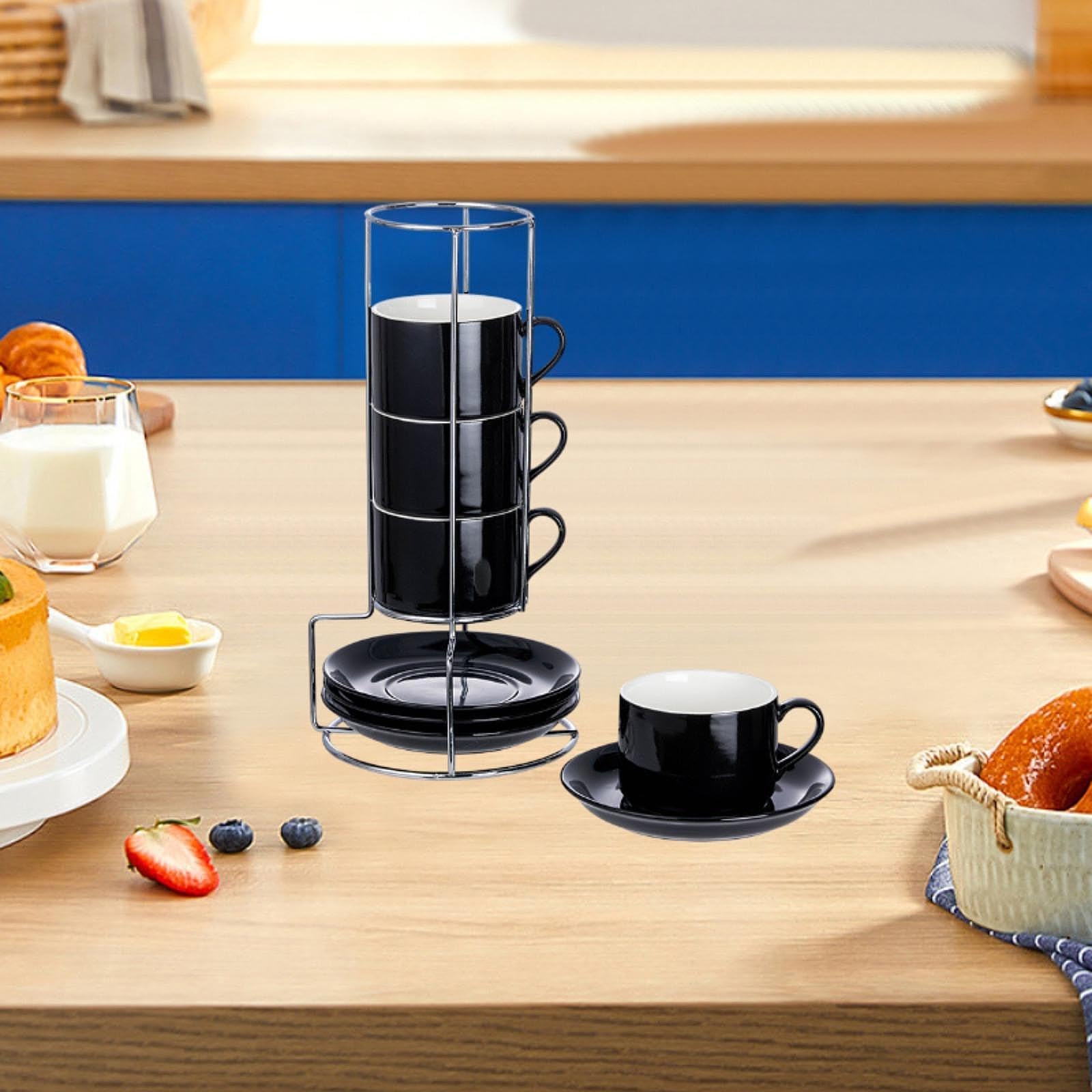 Tazas de Cerámica para Espresso con Platillos Y Soporte de Metal, Ahorran Espacio, Tazas de Espresso, Tazas de Café, Tazas de para Té Y, 5 onzas
