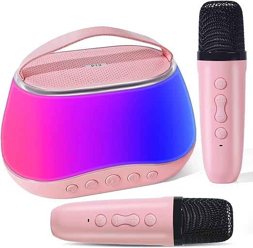 Karaoke Machine for Kids Adults, Portable Bluetooth Mini Karaoke Microphone Singing Speaker with 2 Wireless Mic and RGB Light, Karaoke Machine for Kids 3-12+, for Birthday, Family,Home Party (Pink)