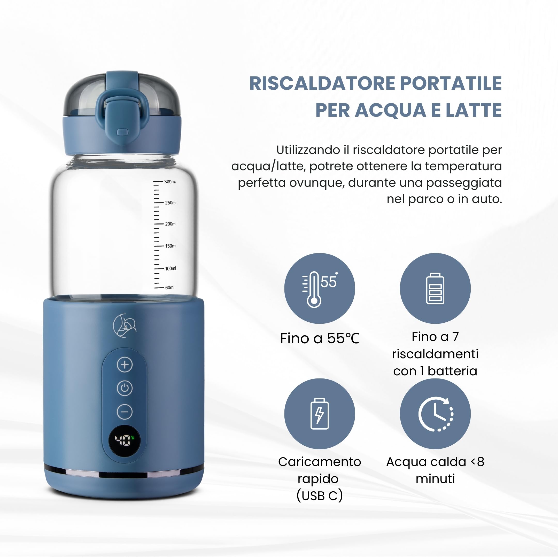 Scaldabiberon Portatile - Scalda Biberon Portatile Senza Fili, Veloce e Sicuro, Ricarica Rapida, in Vetro, Ideale per Viaggi e Spostamenti, Scaldabiberon Portatile Senza Fili Blu