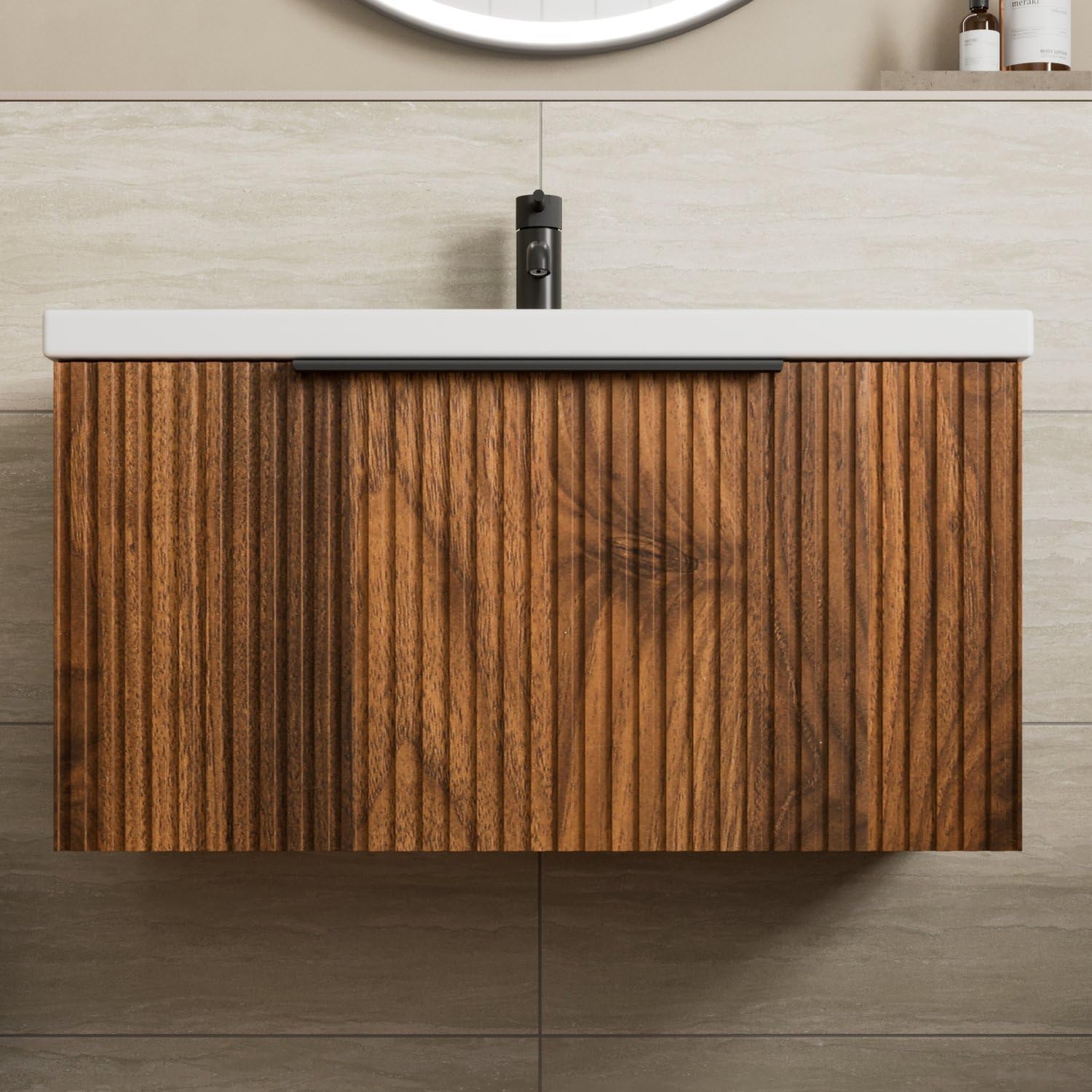 Fluted 800mm Bathroom Vanity Unit White Ceramic Basin Sink, Cloakroom Storage Furniture Cabinet Wall Hung Cupboard Soft Close, Black Handle, Walnut