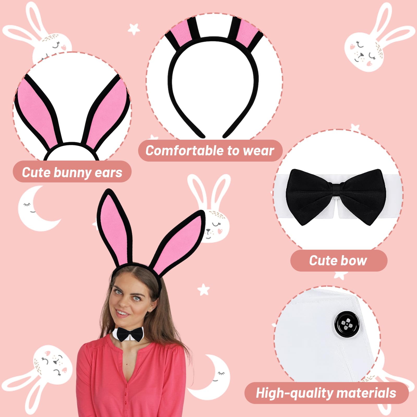 KYEDGC 4-Piece Bunny Outfit Women Costume Accessories Set, Bunny Ears Headband with Bow Tie Collar and Cuffs - Image 3