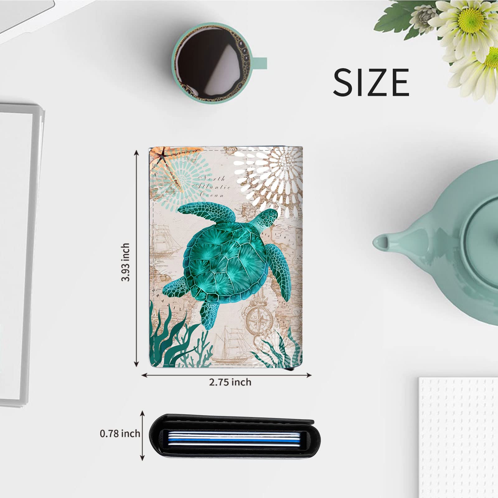 DEGDFSGR Credit Card Holder Aluminum Auto Pop Up Wallet Case,Leather Card Case Front Pocket Trifold Wallet with RFID Blocking Banknote Slot Thin Wallets for Women Men Girl, Blue Sea Turtle