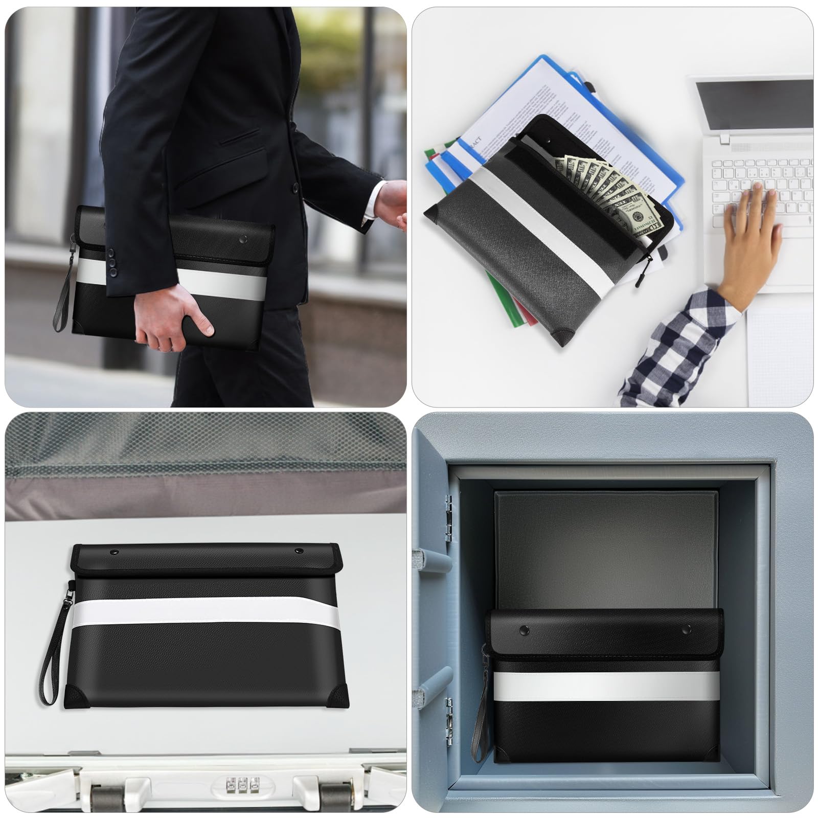 Vailoin Borsa Per Documenti Ignifuga,Rivestimento in Silicone Antiprurito Porta Documenti Impermeabile con Cerniera e Tracolla, Custodia Sicura con Striscia Riflettente (Nero, 34x28cm)