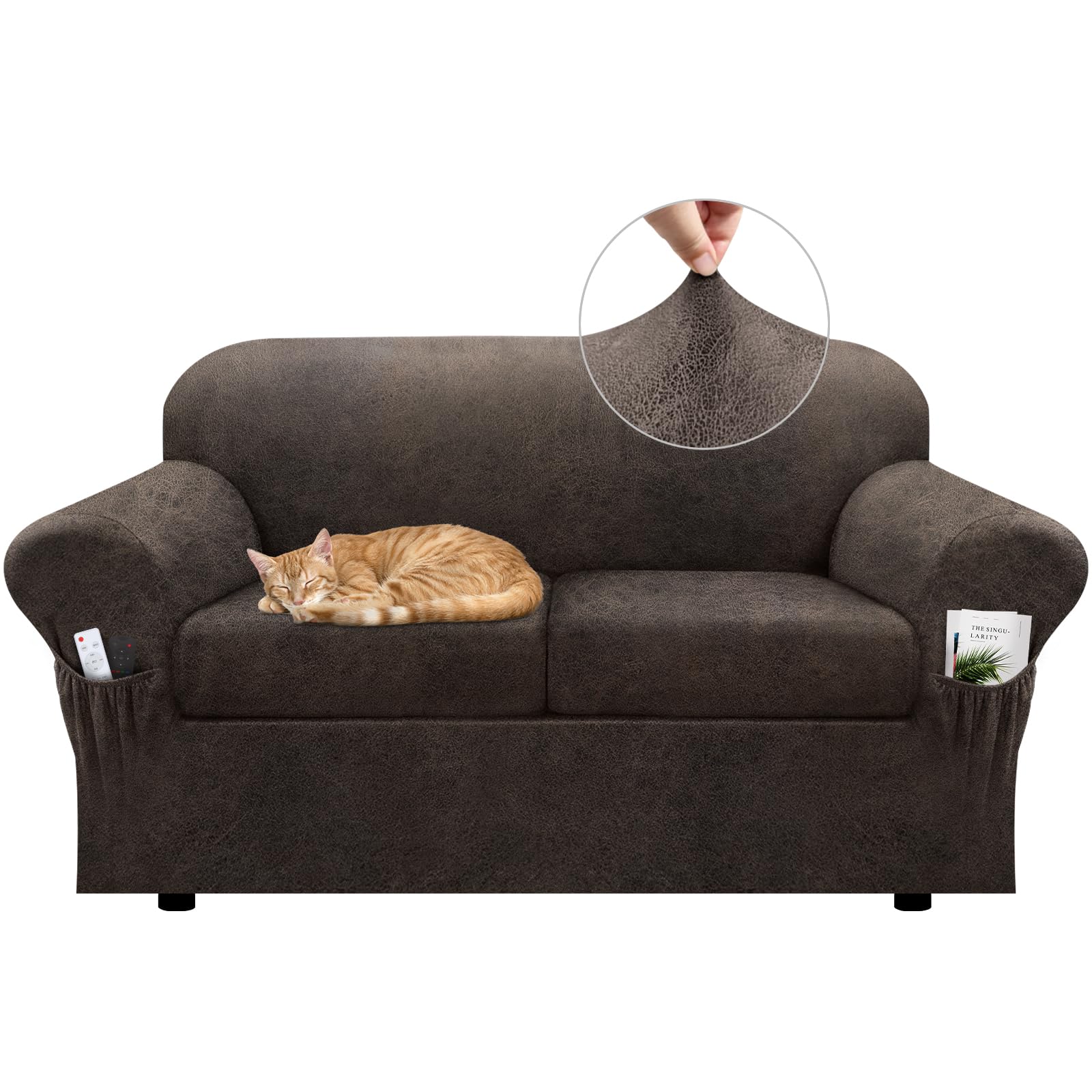 Pfrstuv Loveseat Slipcover with Armrest Pockets 3-Piece Set, Stretch Faux Leather Love Seat Covers for 2-Cushion Couches(Fits 58-66") - Non-Slip,