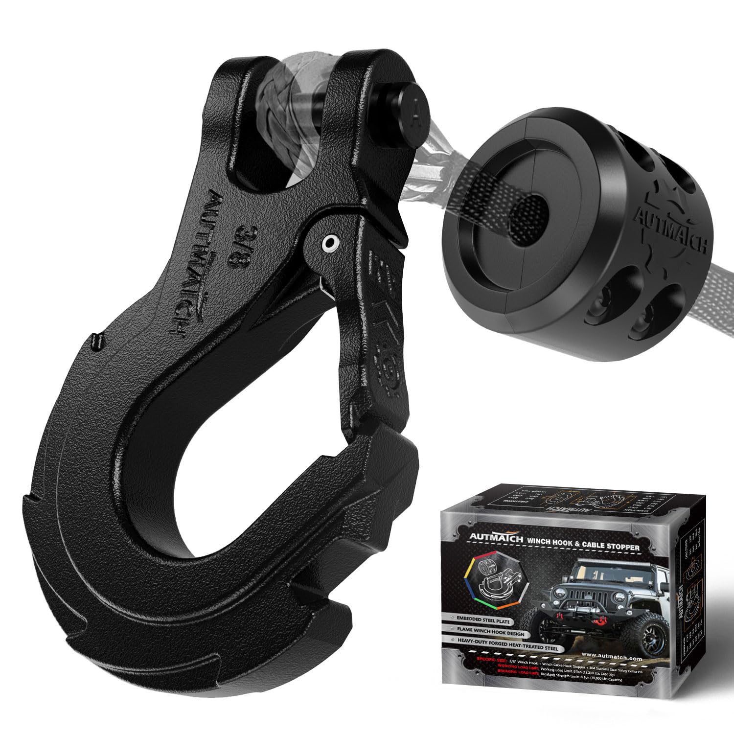 AUTMATCH Loquet de sécurité pour treuil de 9,5 mm – Grade 70 en acier forgé avec plaque en acier, charge maximale de 18 kg pour corde de treuil, VTT, UTV, véhicule tout-terrain, noir givré