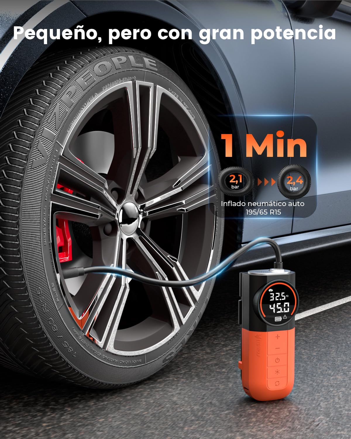 ETENWOLF S1 Bomba de Aire Eléctrica - Compresor de Aire de 11 Bar | para Neumáticos de Coche, Bicicleta, Pelotas y Motocicleta - Inflación Rápida - con Batería, Luz LED y Manómetro Digital