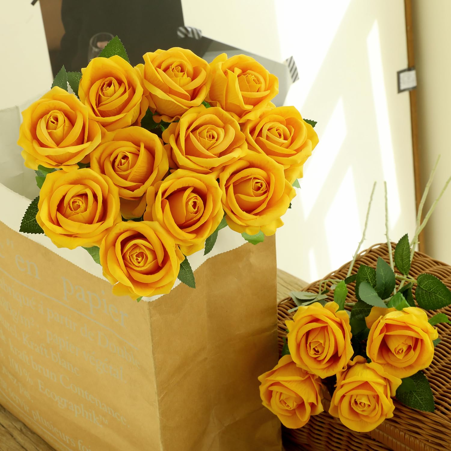 Cloudecor 15Pcs Small Fake Roses Velet Roses Long Stem Artificial Flowers Silk Flowers for Home Wedding Decoration (Pearl Roses,Yellow) - Image 3