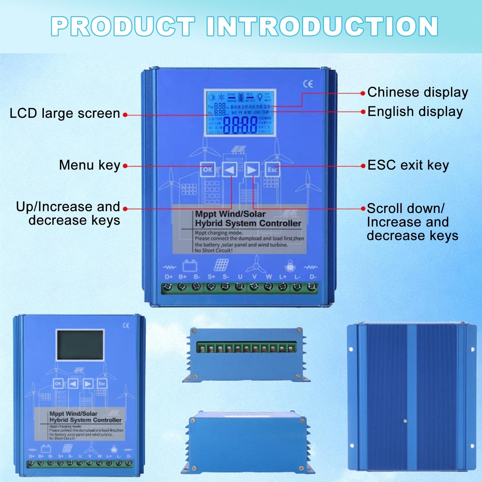 Controller di Carica Ibrido Eolico Solare 12V 24V 48V | Regolatore di Carica MPPT Boost con Display LCD e Carico di Scarico(12V)