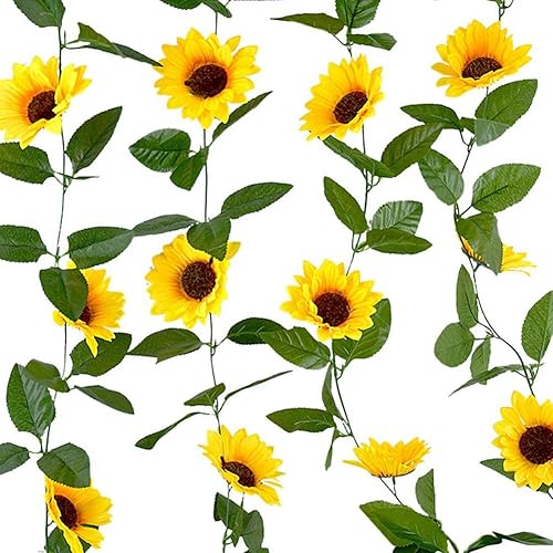 Miniatura 1 de KUPOO Paquete de 4 guirnaldas artificiales de girasol, flores artificiales de vid de girasol de seda con hojas verdes para decoración del hogar,