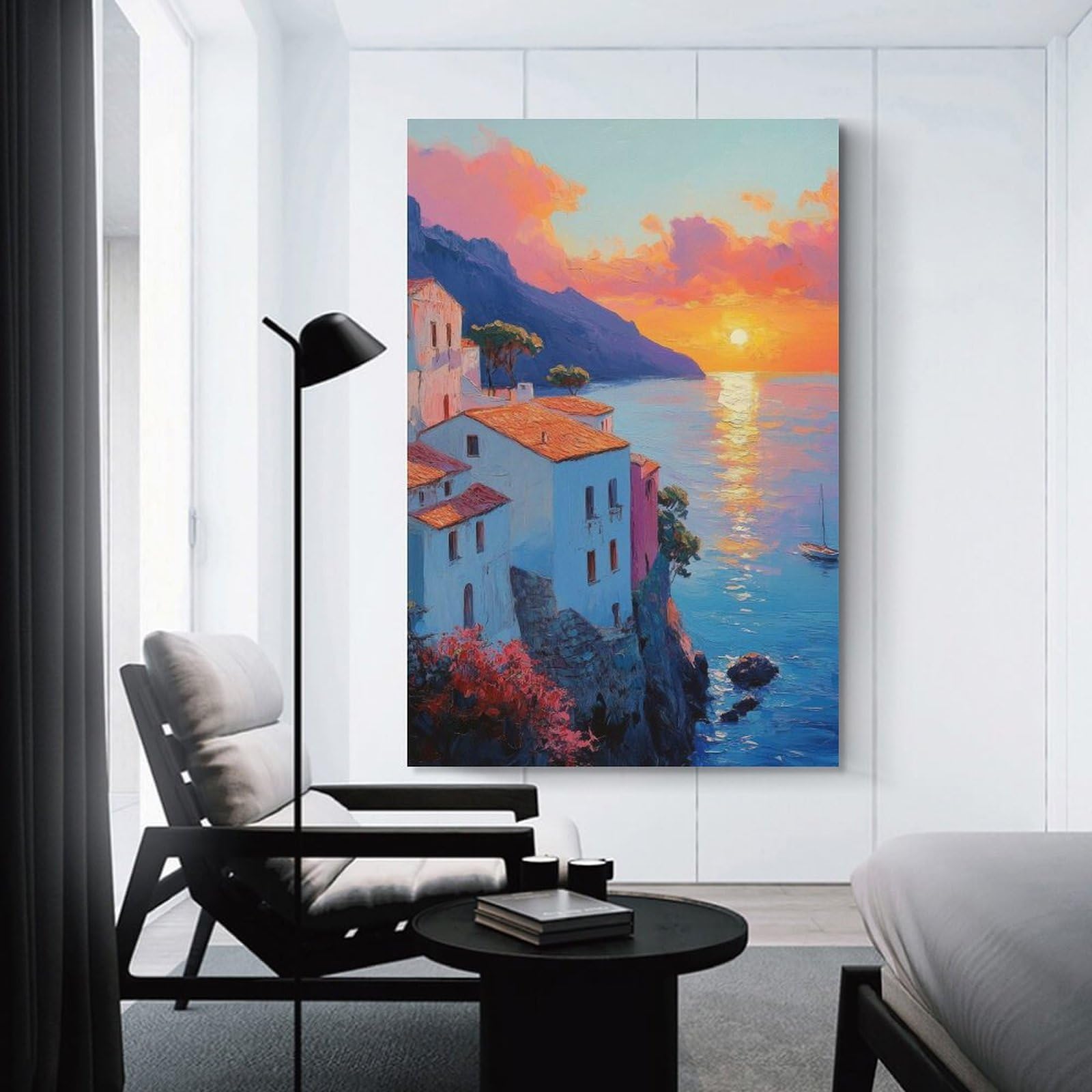 Junmoney Unframe-Style-8 Sunset Coastal Village Home Decor Wall Art 20X30inch(50X75cm), For Lounge, Study, Hallway Or Flat Walls, Stylish Home Artwork For Focal Walls