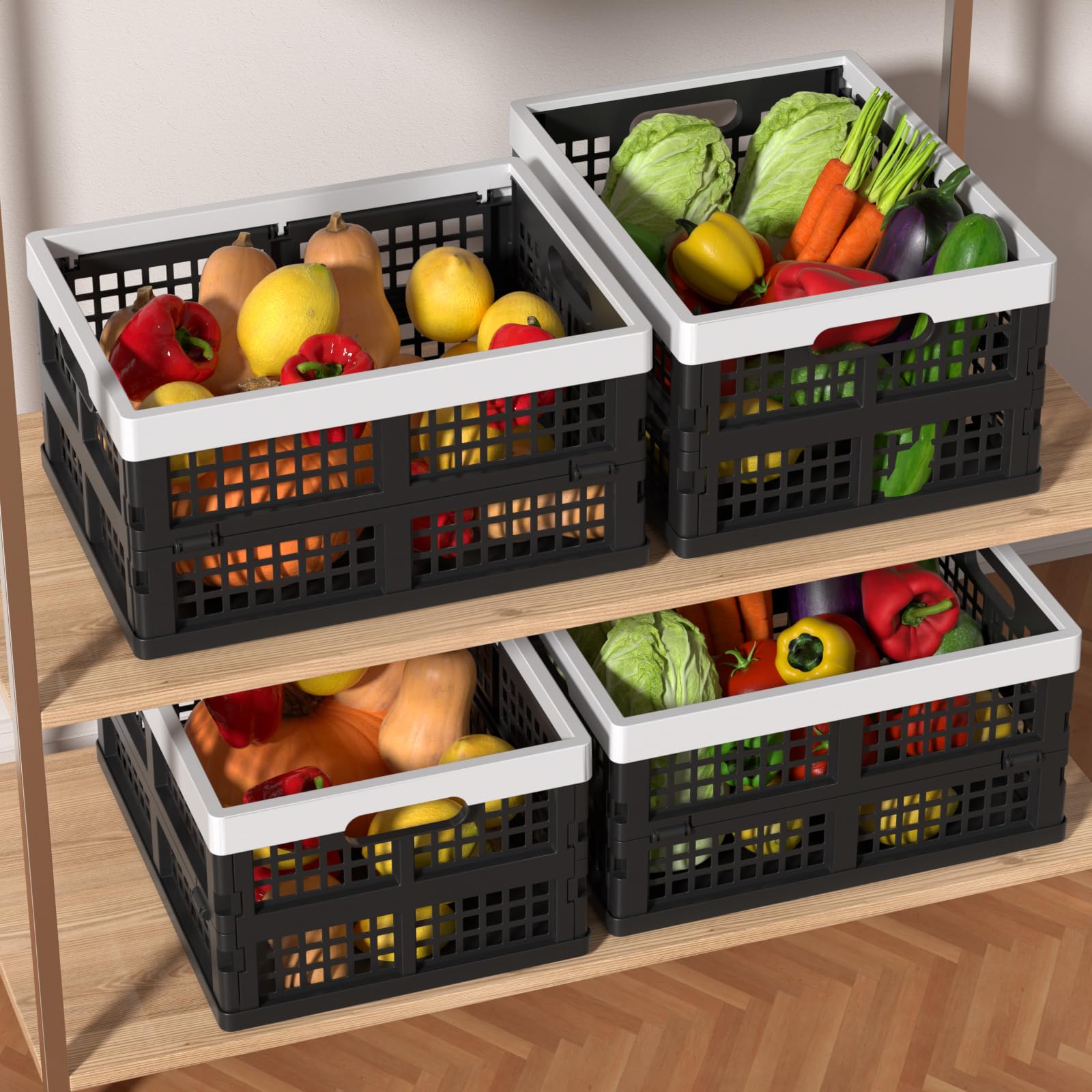 Cajas de Almacenamiento Plegables de Plástico Apilables de 15 Litros, Cesta Plegable Apilable, Paquete de 4
