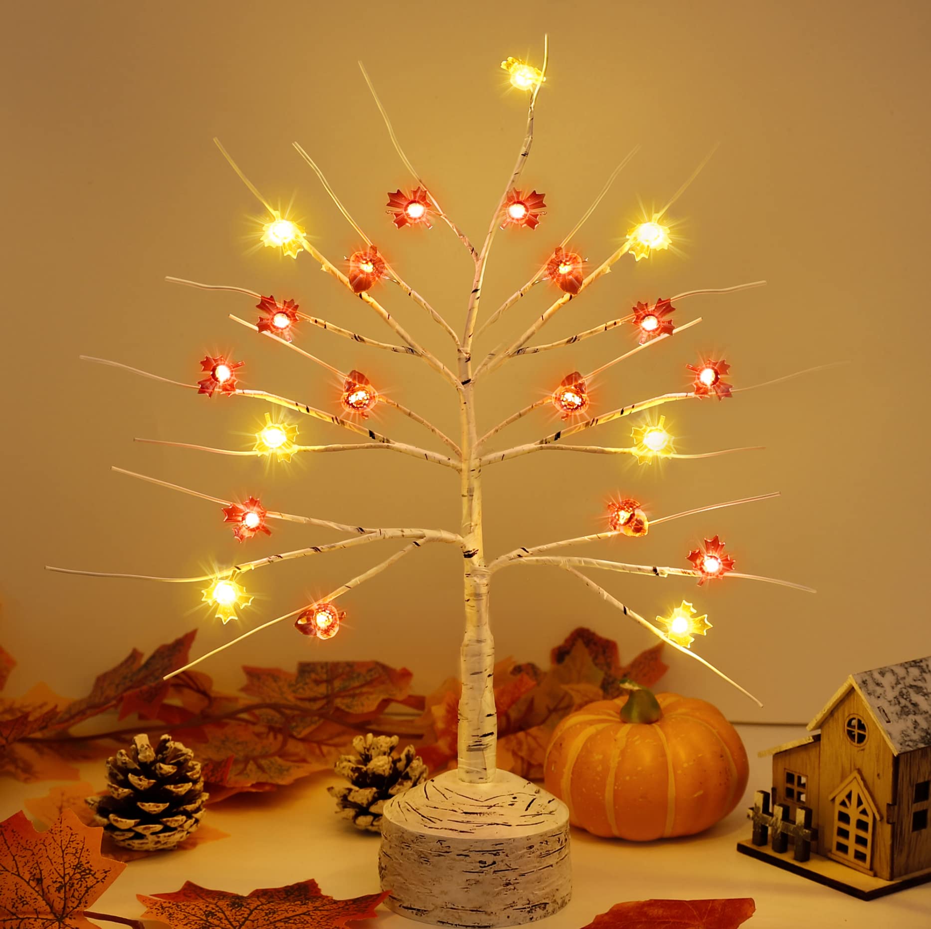 Christmas Table Decorations, Birch Trees with 18 LED Lights Maple Acorns Tree Artificial Birch Branches Battery Powered Lighted Birch Tree for Christmas New Year Tabletop Indoor Home Room Decor