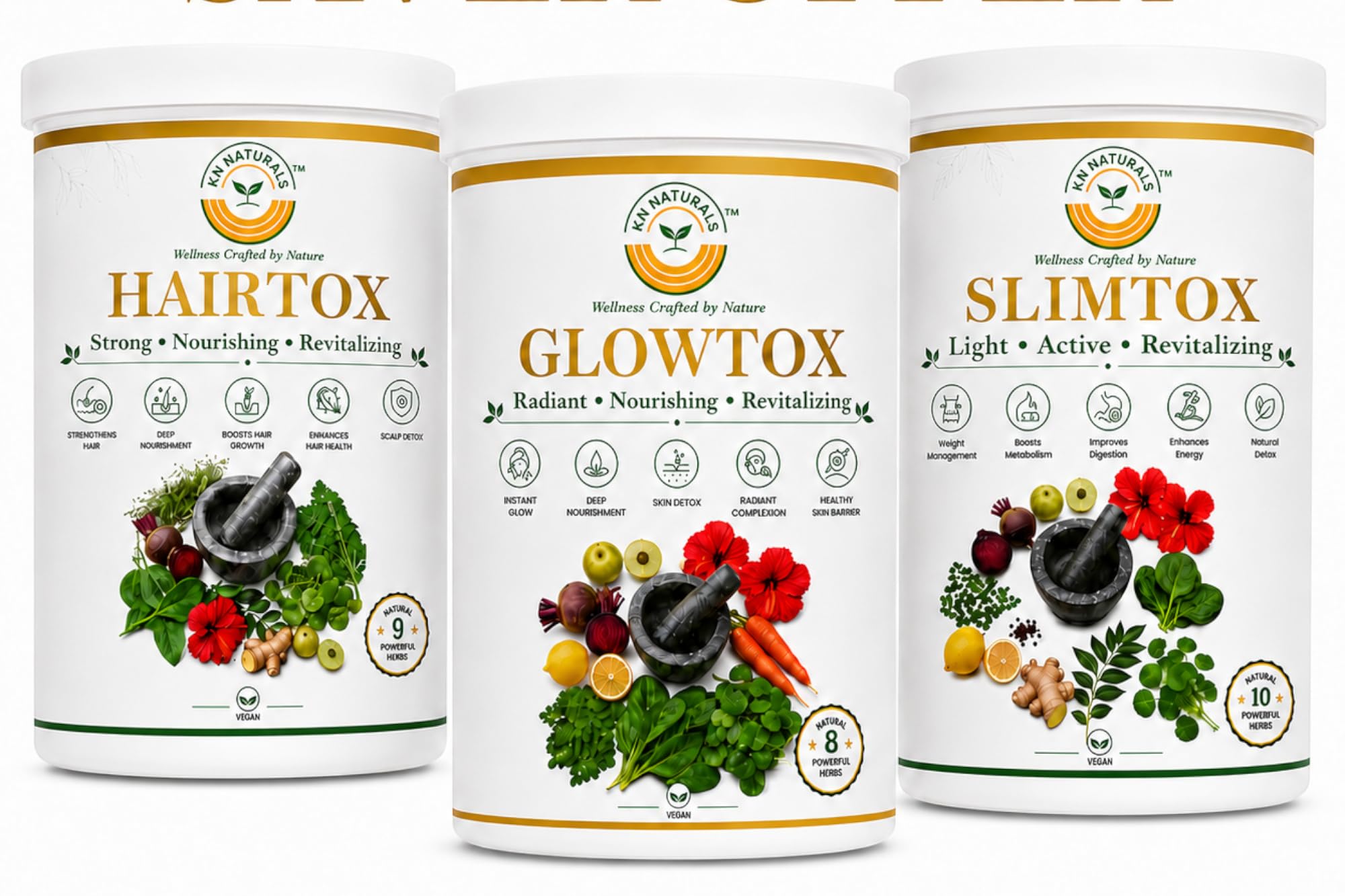 NN11-KN Naturals Herbal Powder Complete Trio Pack | Natural Caffeine-Free Herbal Wellness Drink Beverage Mix | Pack of 3 x 150g Each (Hairtox+Glowtox+Slimtox)-image-22
