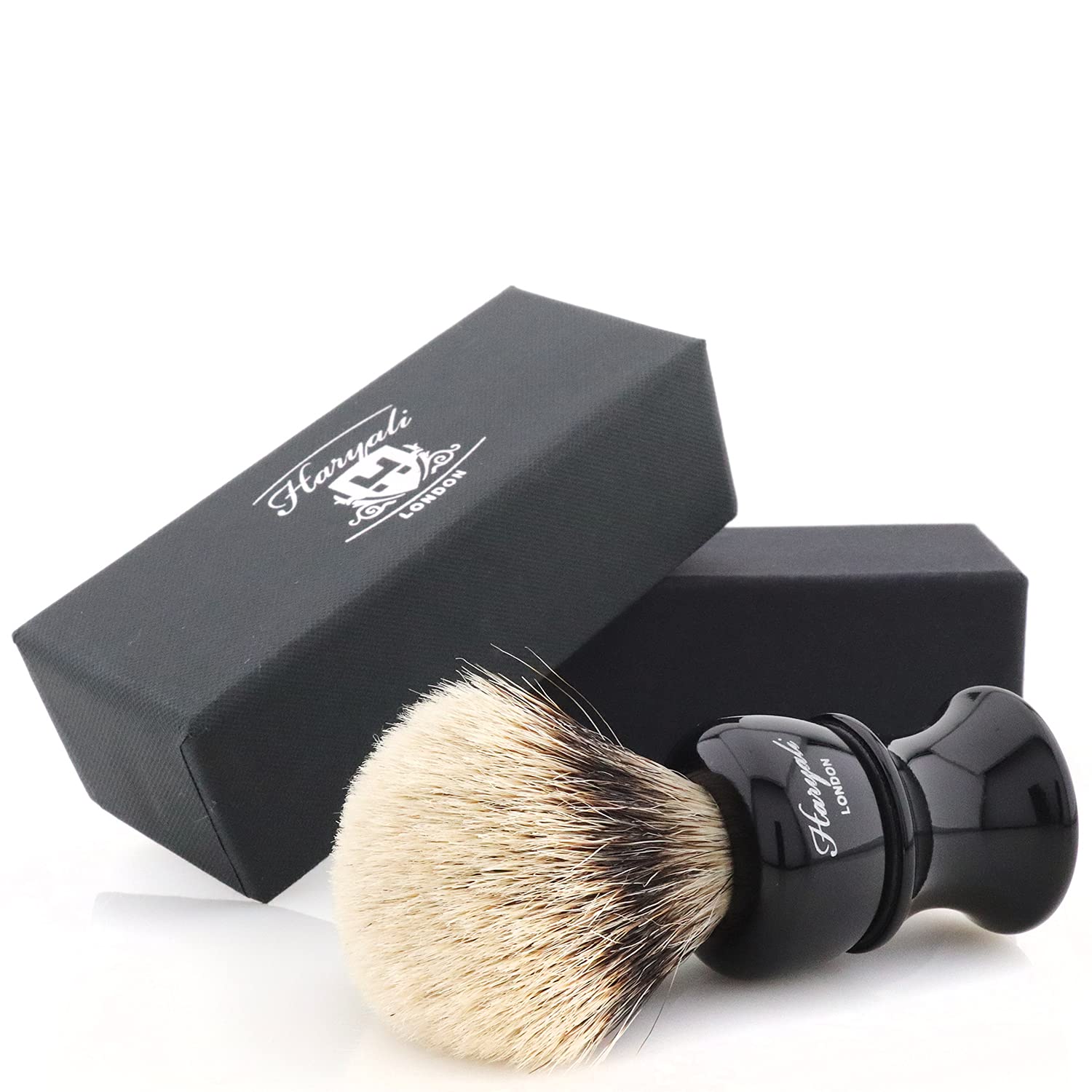 Haryali London, Set da barba in 3 pezzi, rasoio a doppia lama con pennello da barba sintetico con punta argentata e supporto da barba – Kit di lusso per la cura personale maschile