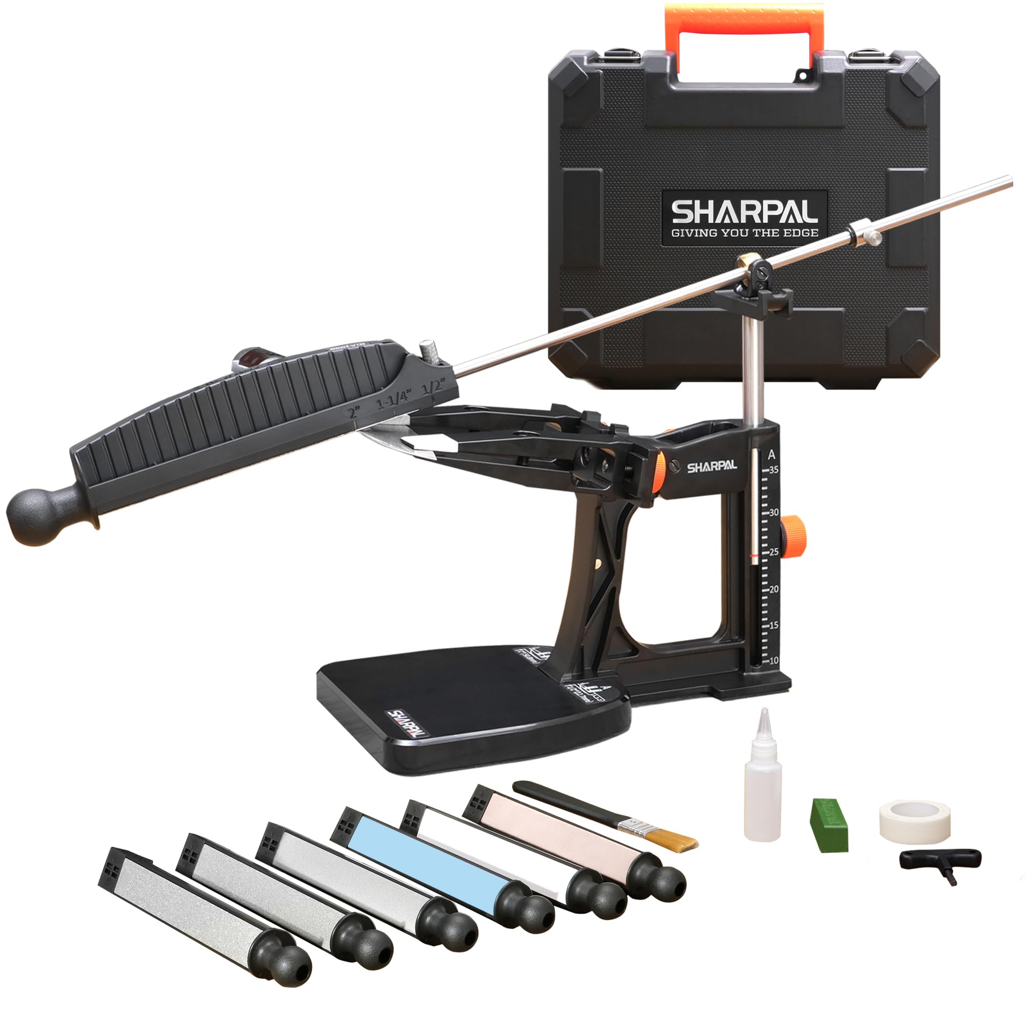 SHARPAL 202H Système d'Aiguisage de Précision – Affûteur à Angle Réglable 10–35°, Kit 7 Plaques (Diamant 220/325/600/1000, Pierre 3000/6000, Cuir à Polir) et Coffret Cadeau