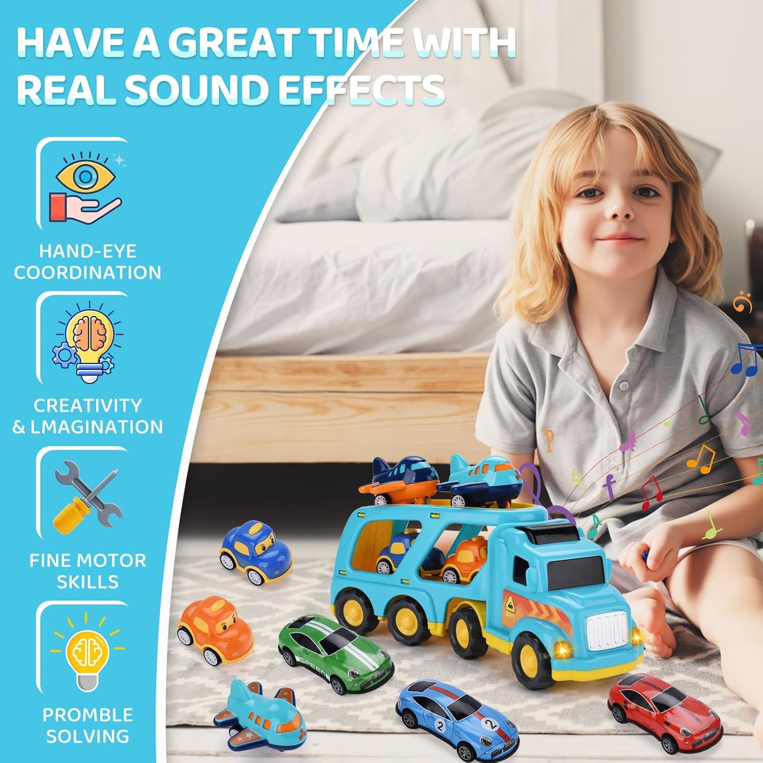 TOSUTO Jouet Garage Voiture pour Enfants,Jeu de véhicules pour Enfants avec Son et lumière,5 en 1 Jouet de Camion pour Enfant,Véhicule de Transport,Éducatifs Cadeau pour 2-6 Ans Enfants Garçons Filles - 5