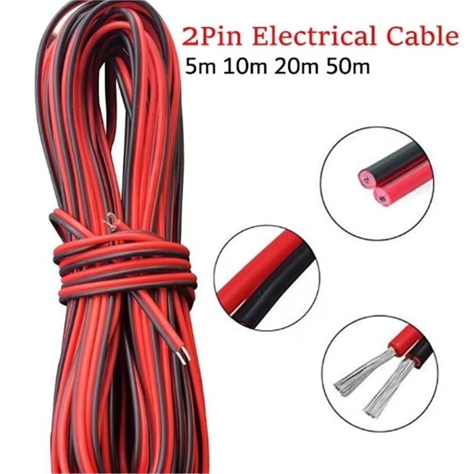 Przewód silikonowy Kabel zasilający DC12V 2-pinowy 5M ~ 100M 18 20 22 AWG | Przewód miedziany PVC do taśm świetlnych LED (5 m, 2 piny PCW 22awg)