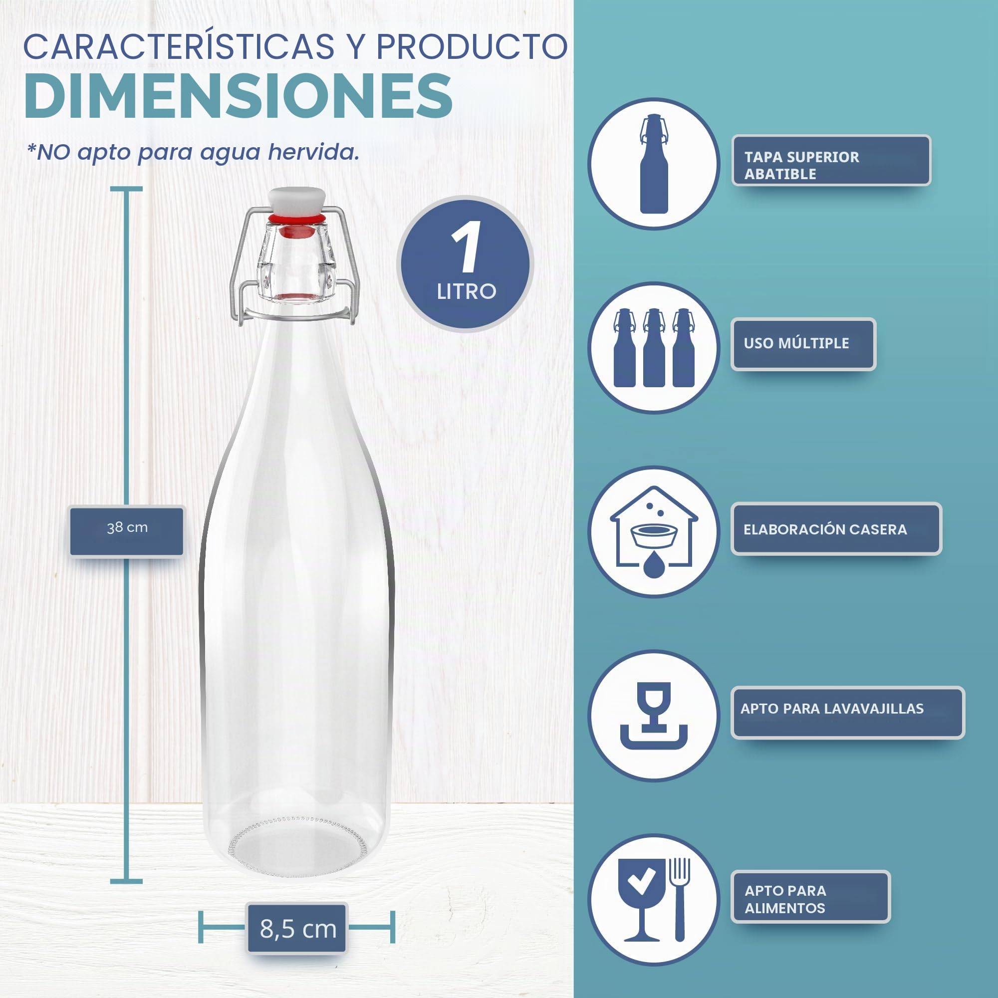 Botellas de vidrio HEFTMAN con cierre hermético, 1 litro, paquete de 6 botellas transparentes con tapa hermética para vino, especias, bebidas, aceite, vinagre, kombucha y agua, 6 unidades (1 litro)