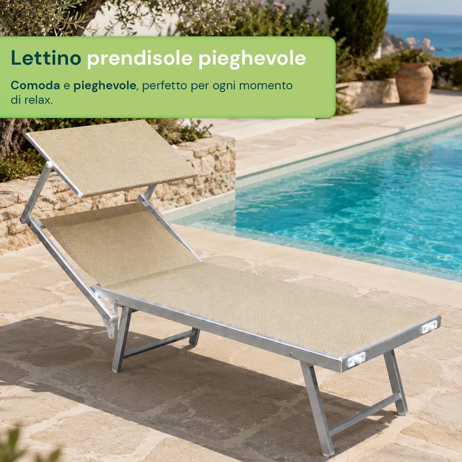 Avilia - Lettino Prendisole da Giardino con Parasole Girevole 360° – Alluminio, Texilene, 150 kg | Sdraio da Mare Pieghevole, Schienale 30-40°, L60×P186×A44/94 cm, Chiuso L60×A148 cm