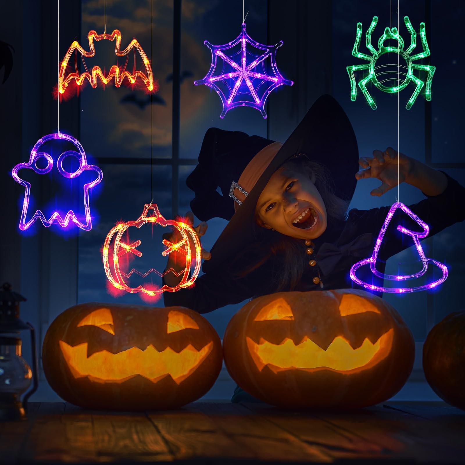 4 Halloween Fensterlichter Mit Saugnapf - Kürbis, Spinne, Geist, Fledermaus