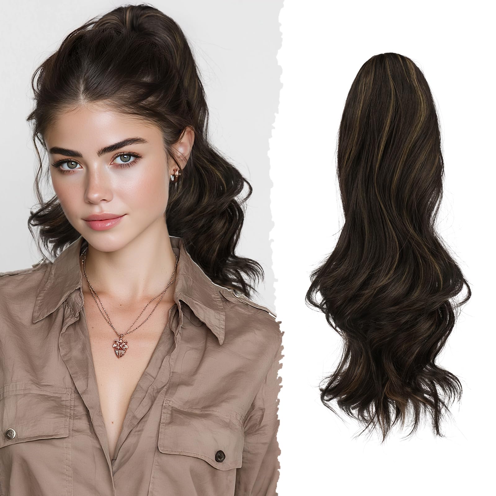 Sofeiyan Lange Gewellt Pferdeschwanz mit Klammer, Dual-Use-Design Ponytail Extension, 41 cm Synthetik Claw Clip in Haarverlängerung Zopf für Frauen, Dunkelbraun mit Strohblonden Strähnchen