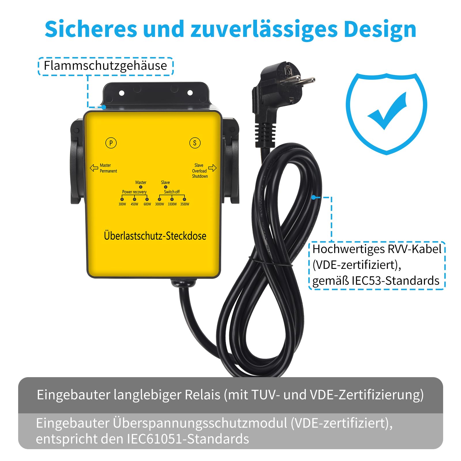 HAOC-01DE Regleta con Enchufes, Potencia Ajustable, Protección contra Sobrecarga y Recuperación Automática para Conectar Varios Dispositivos de Alto Rendimiento