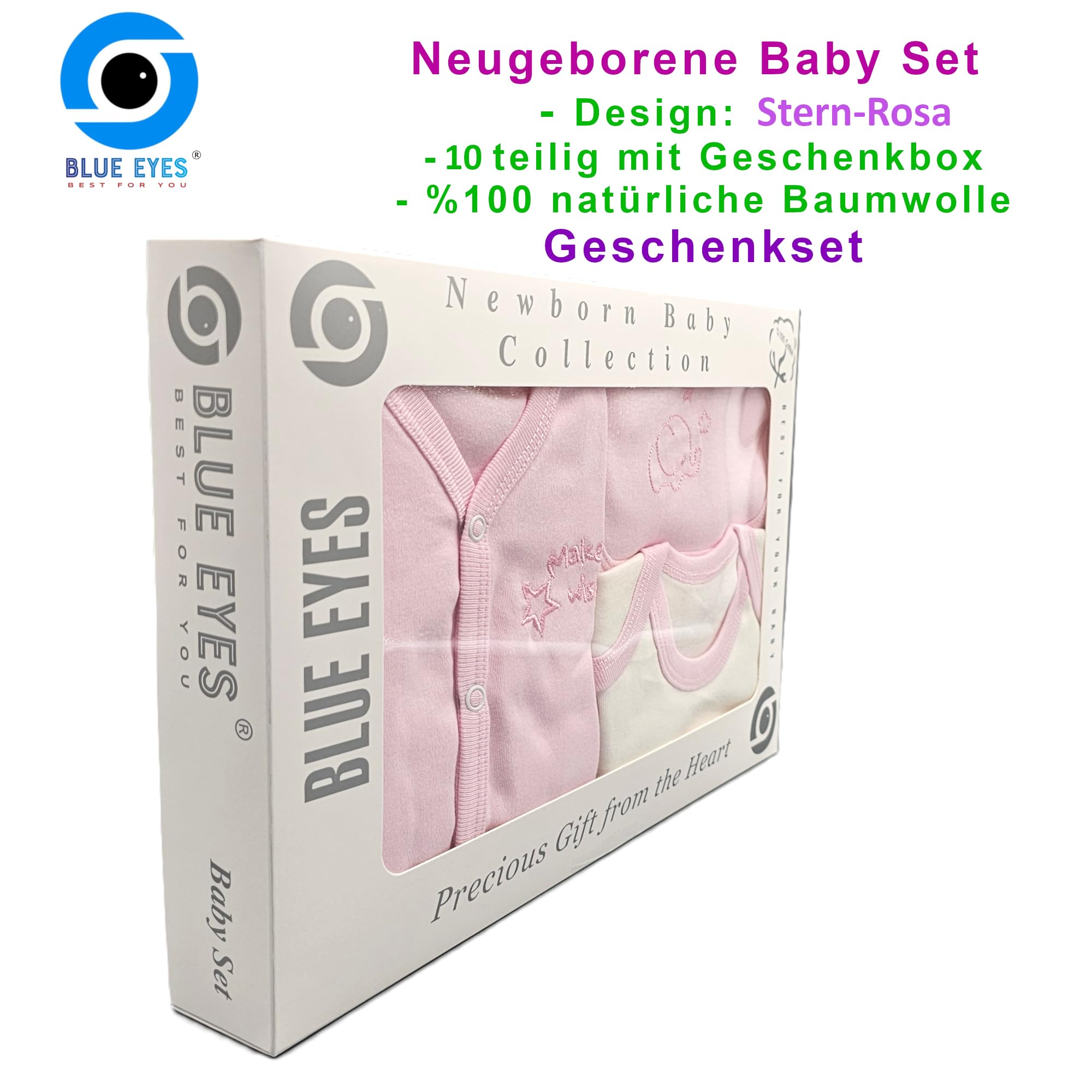 Blue Eyes Set de regalo para recién nacidos, 100 % algodón natural, equipamiento inicial, ropa unisex, set de regalo para bebés de 0 a 4 meses, 10 piezas (estrella rosa)