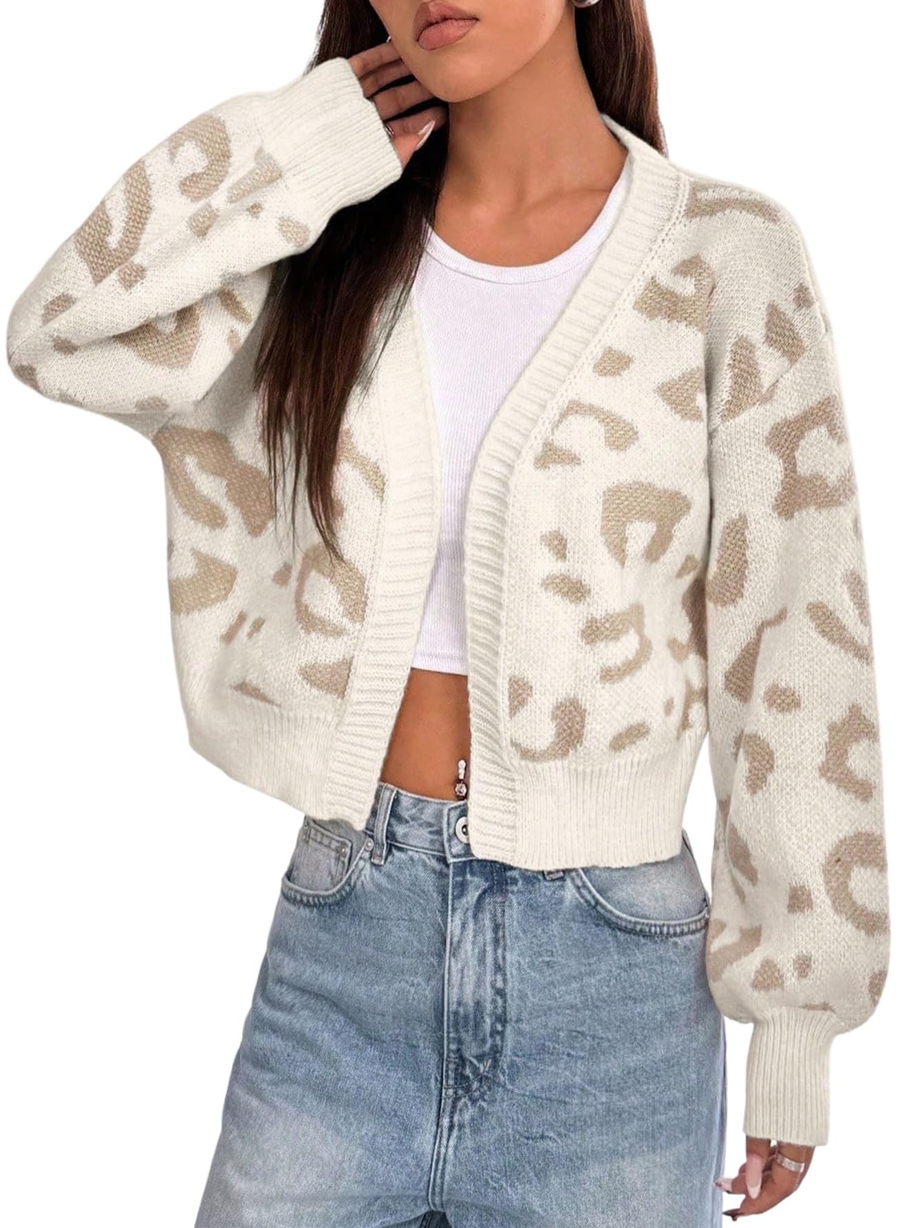 GORGLITTER Chaqueta de punto para mujer, corta, elegante, leopardo, parte superior, de punto, chaqueta de punto, manga larga, abrigo de punto de invierno, jersey de punto con cuello en V, chaleco de