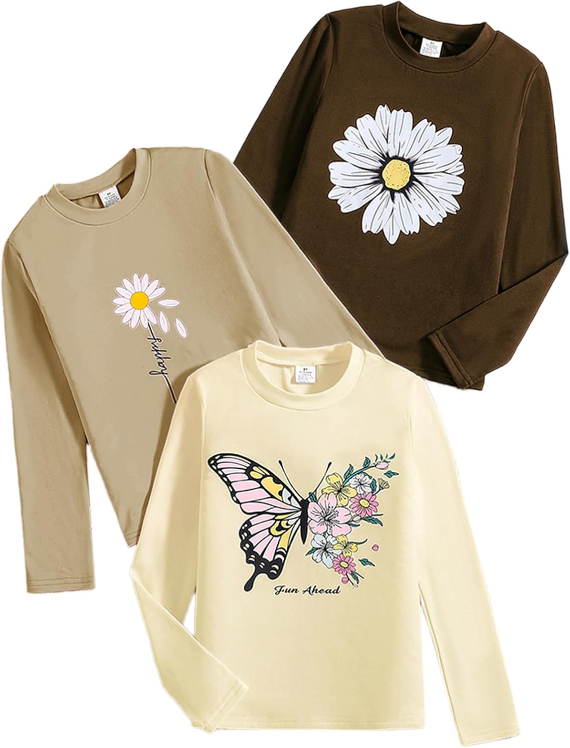 3-Pack Girls Long Sleeve T-Shirt for Fall,Soft Cotton Toddler Top,Cute Graphic Tee for Kids (2-12Y)