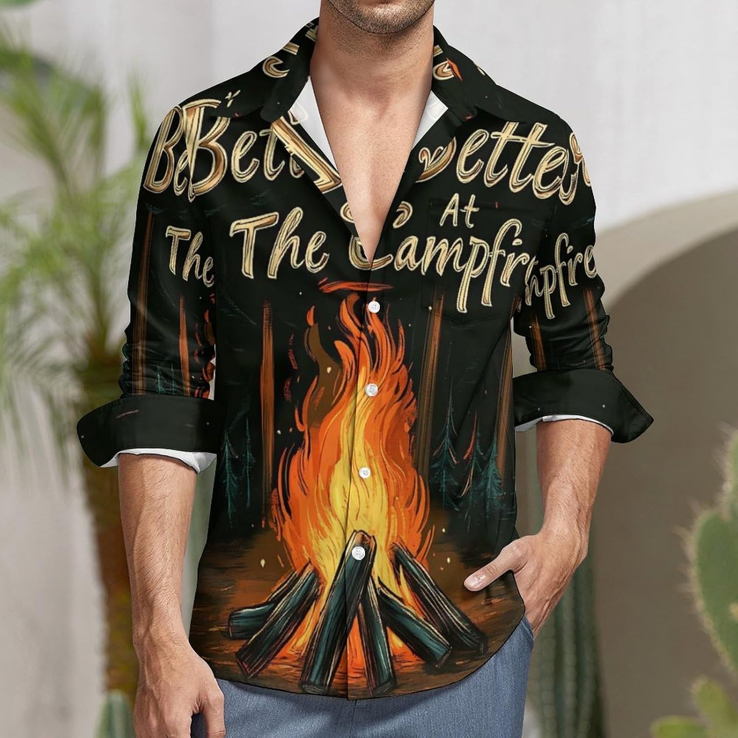 Fire Pit Camping Long Sleeve Shirts Casual Dress Shirt Button-down T-shirts for Men