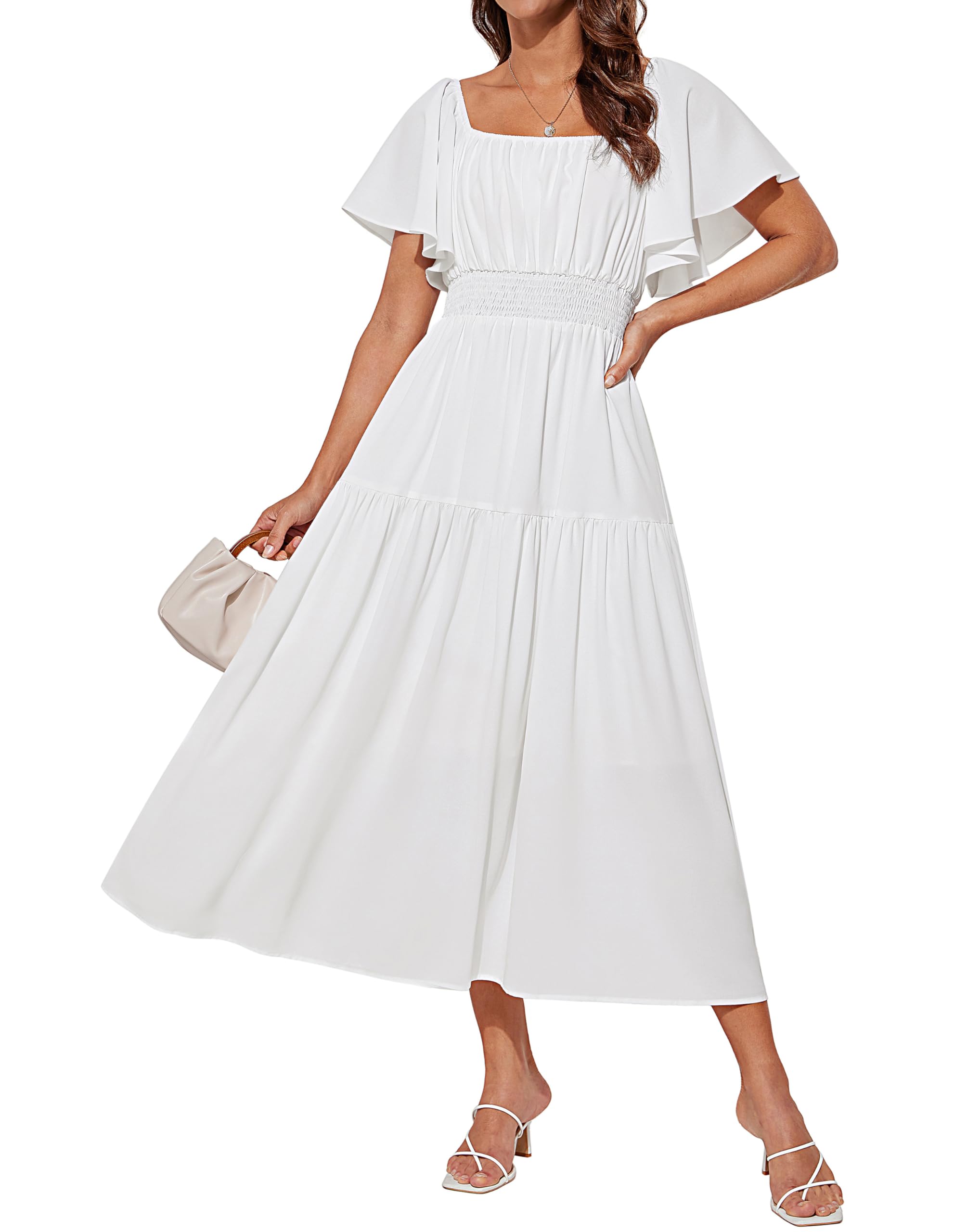 GRACE KARIN Robe Longue Élégante Femme Col Carré Manches Courtes Volantées Taille Haute Robe de Cérémonie Blanc M