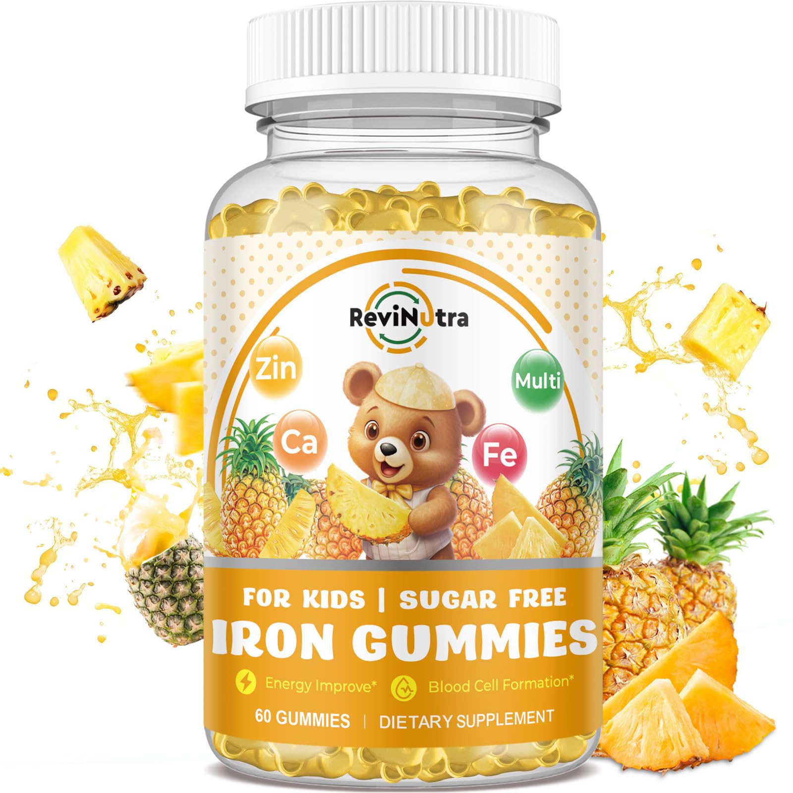 Iron Supplement Gummies for Kids - with Calcium, Zinc, Kids Multivitamin with Iron Gummies - Immune Support, Blood Builder & Energy Support for Iron Deficiency, Anemia, Pineapple Flavor, 60 Gummies Pineapple 60 Count (Pack of 1)