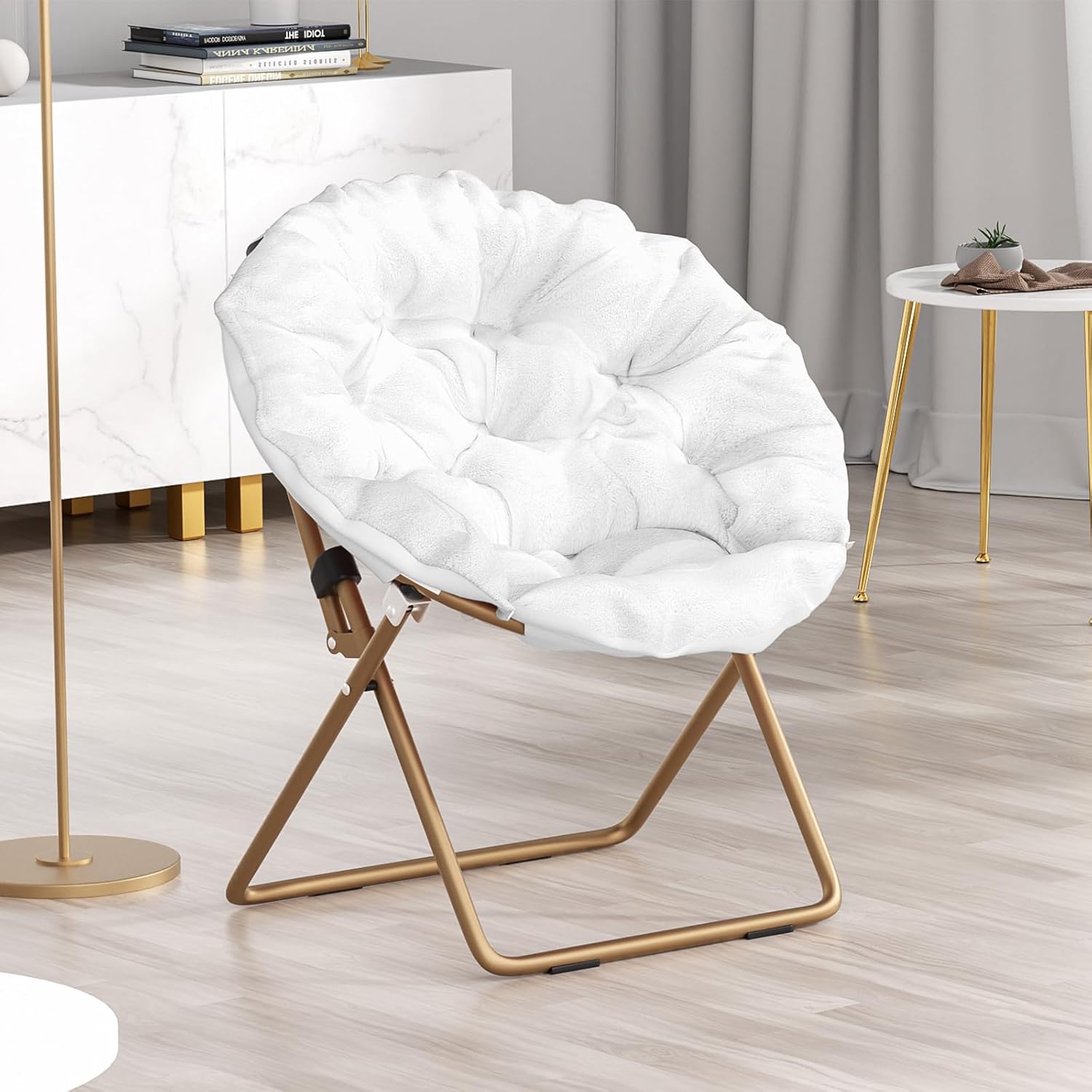 Foldable Oversized Moon Chair, Large Soft Lazy Cozy Comfortable Faux Fur Round Saucer Moon Chair for Teens and Adults, White