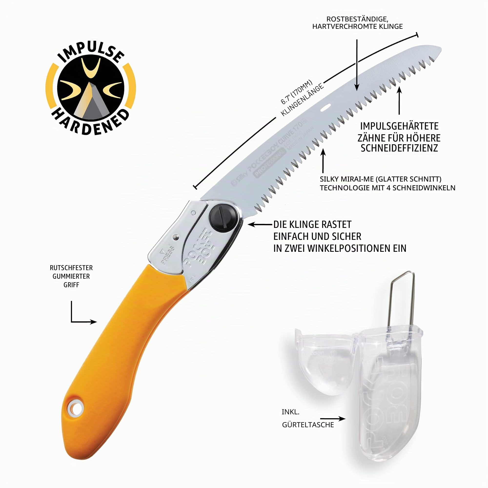 SILKY PocketBoy Curve 170 mm Professional Klappsäge | gebogenes Blatt, grob | Pull-Cut 15–20% schneller als gerade | impulsgehärtete Zähne | Gürtelholster Hartplastik | 726-17