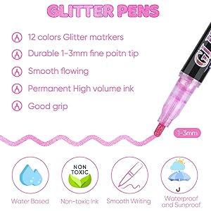 OLINGYOU Glitter Marker Pens,12 Colors Self-Shimmer Metallic Markers,Glitter Paint Pens DIY Crafts Greeting Birthday Cards, Making Poster,Album,Scrapbooking,WoodMugs