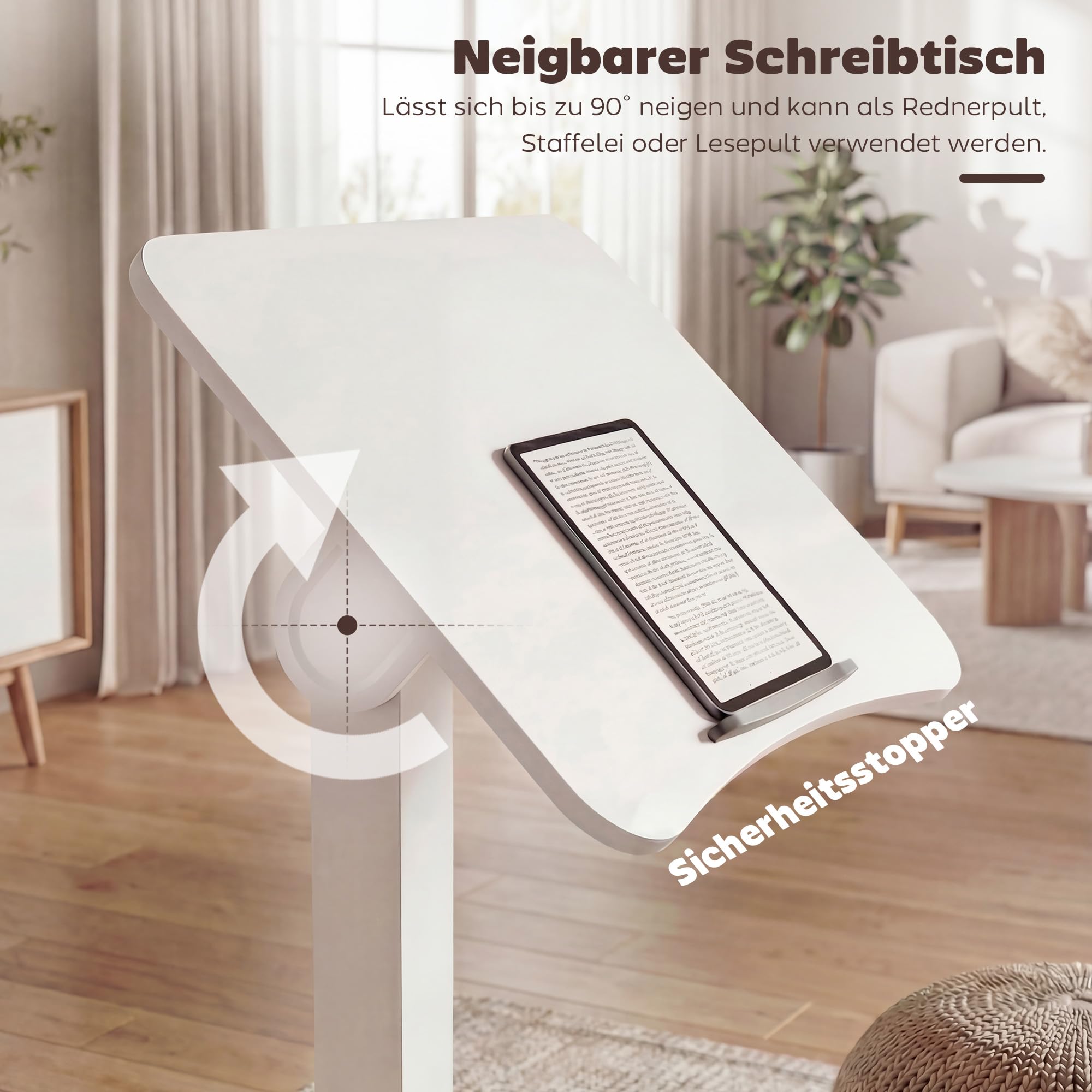 HOMCOM Laptoptisch Höhenverstellbar mit Rollen 60x52cm Tischplatte Weiß | Bestelltisch, Schreibtisch, Neigbarer, Computertisch mit Sicherheitsstopper, Mobiler Stehpult Pneumatisch, für Büro, Sofa