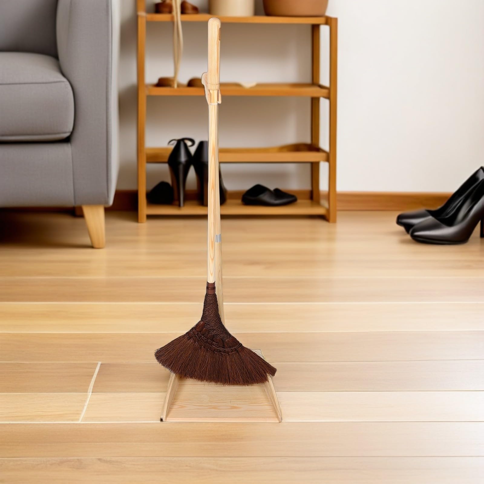 GALPADA Juego de Escoba y Recogedor de Madera y Palma Antistático para Limpieza en Hogar y Jardín Diseño Clásico Hecho a Mano