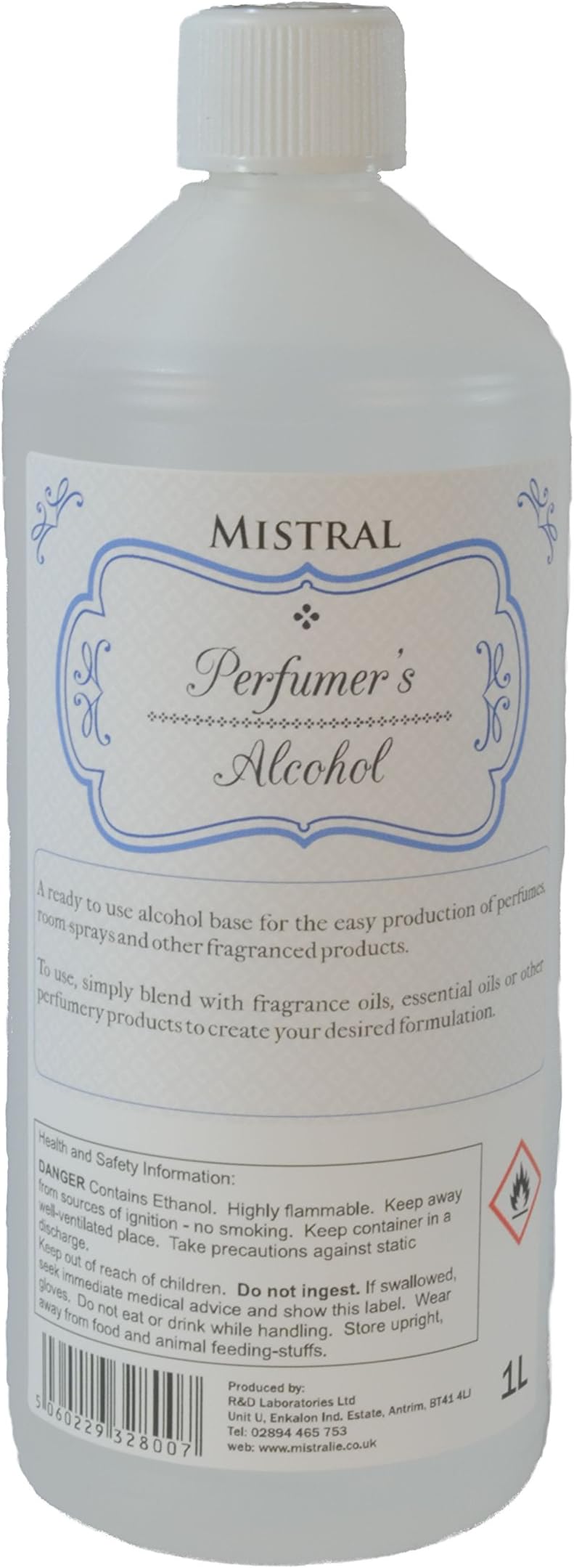 Mistral Perfumers Alcohol 1L - Ethanol Base for making Perfumes and Fragrances. Denatured Alcohol for Room Diffusers & Essential Oils