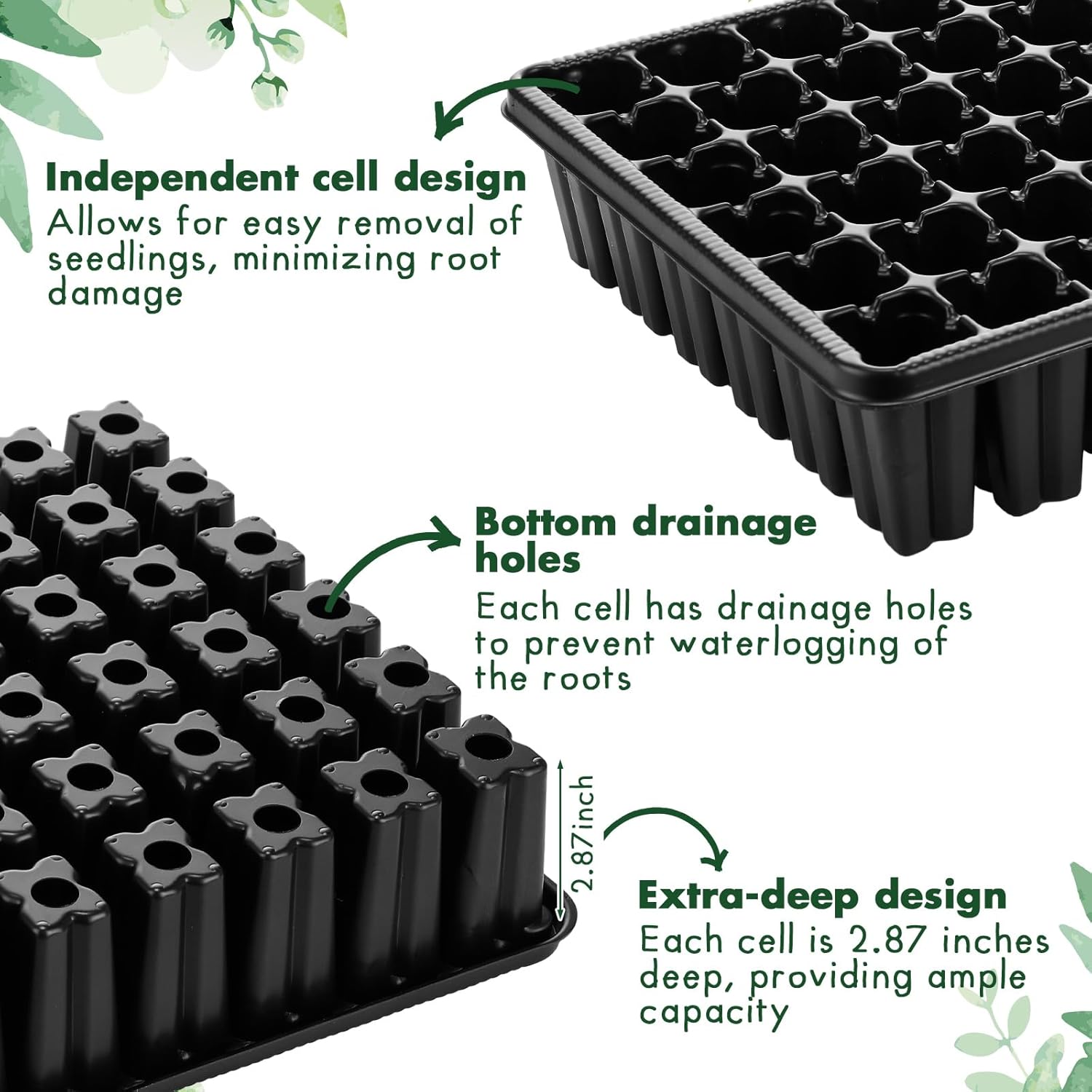 Baderke 12 Pack 2.8" Deep 54 Cell Seed Starter Trays, Thick Durable Plug Tray Big Cell Seed Starting Trays for 1015 Flat Tray Germination, 432 Cells Reusable Plant Propagation