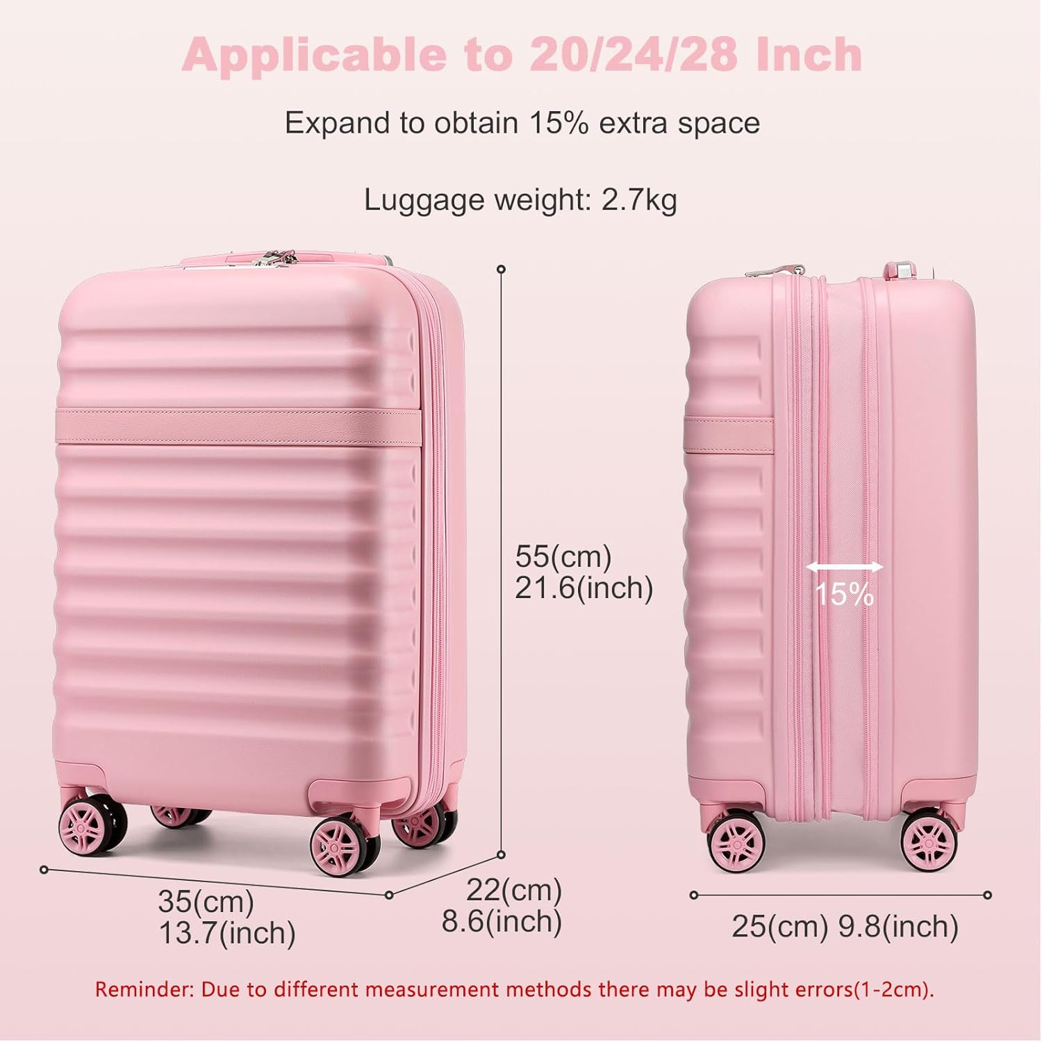 Kono Airline Approved Carry On Luggage, 22x14x9 inches, with TSA Lock, 20 Inch Expandable Lightweight Hardshell Suitcase (Pink, Suitable for 1-3 Days of Travel) - Image 4